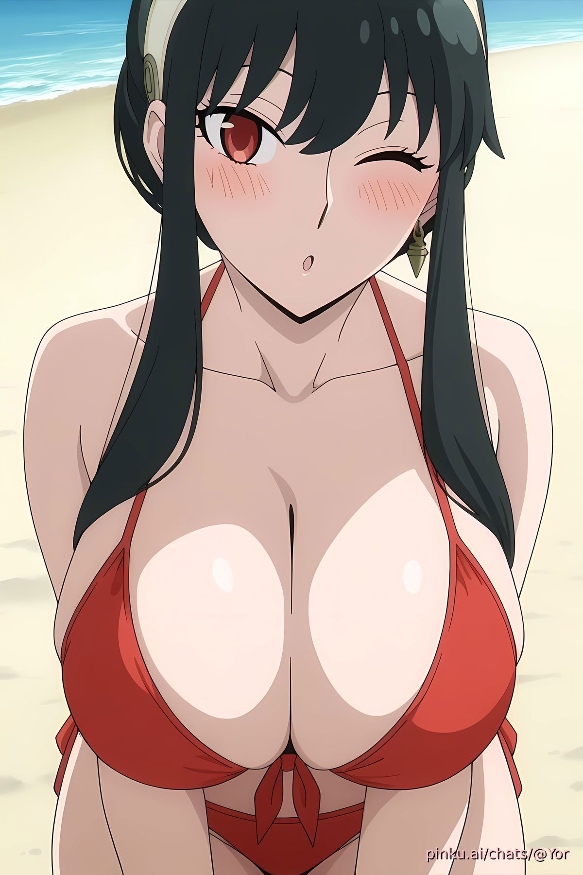ai generated, beach, big breasts, black hair, breasts, female, red bikini, red eyes, spy x family, tagme, wink, yor briar, yor forger