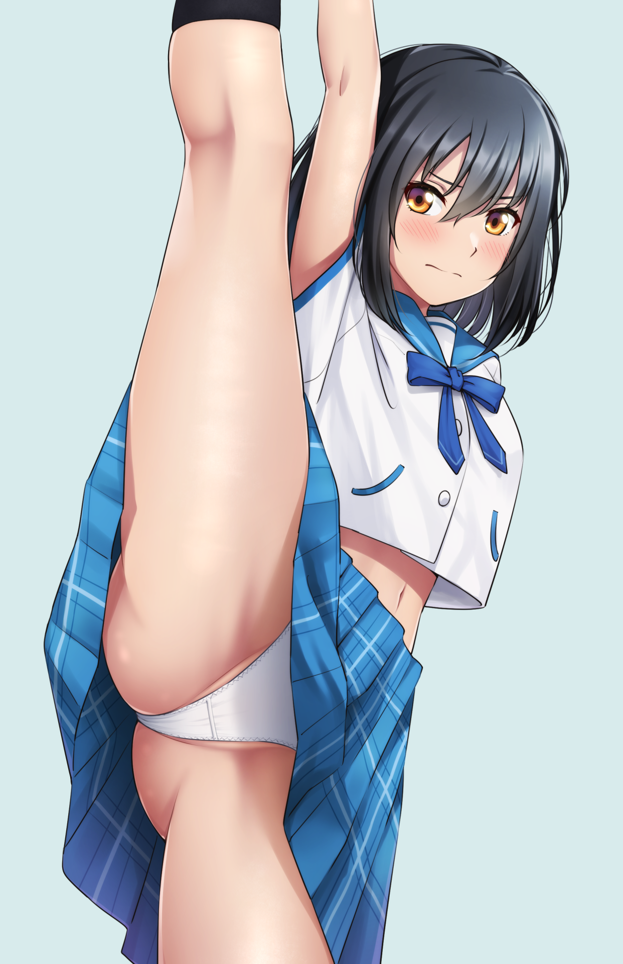 1girls, big breasts, black hair, black socks, blue bow, blue sailor collar, blush, bow, busty, closed mouth, commentary request, commission, crotch, crotch seam, embarrassed, female, flexible, hair between eyes, highres, himeragi yukina, kneepits, large breasts, leg up, looking at viewer, mibushiro, midriff, navel, panties, partially visible vulva, pixiv commission, plaid clothes, plaid skirt, pleated skirt, pussy, saikai academy school uniform, sailor collar, school uniform, sensual, serafuku, sexy, sexy pose, shirt, short sleeves, simple background, skirt, socks, solo, split, standing, standing on one leg, standing split, strike the blood, thighs, underwear, white panties, white shirt, yellow eyes