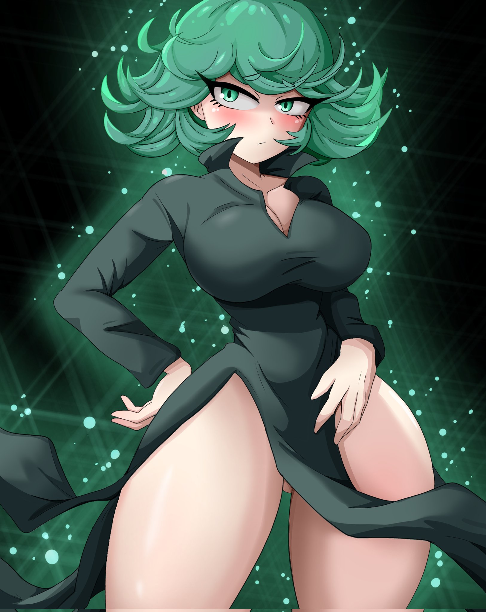 ass, big thighs, breasts, curvaceous, curvaceous female, curvaceous figure, curvy, curvy figure, curvy hips, fat ass, female, female only, green hair, hatzuhatzu, looking at viewer, one-punch man, short hair, shortstack, solo, solo female, tatsumaki