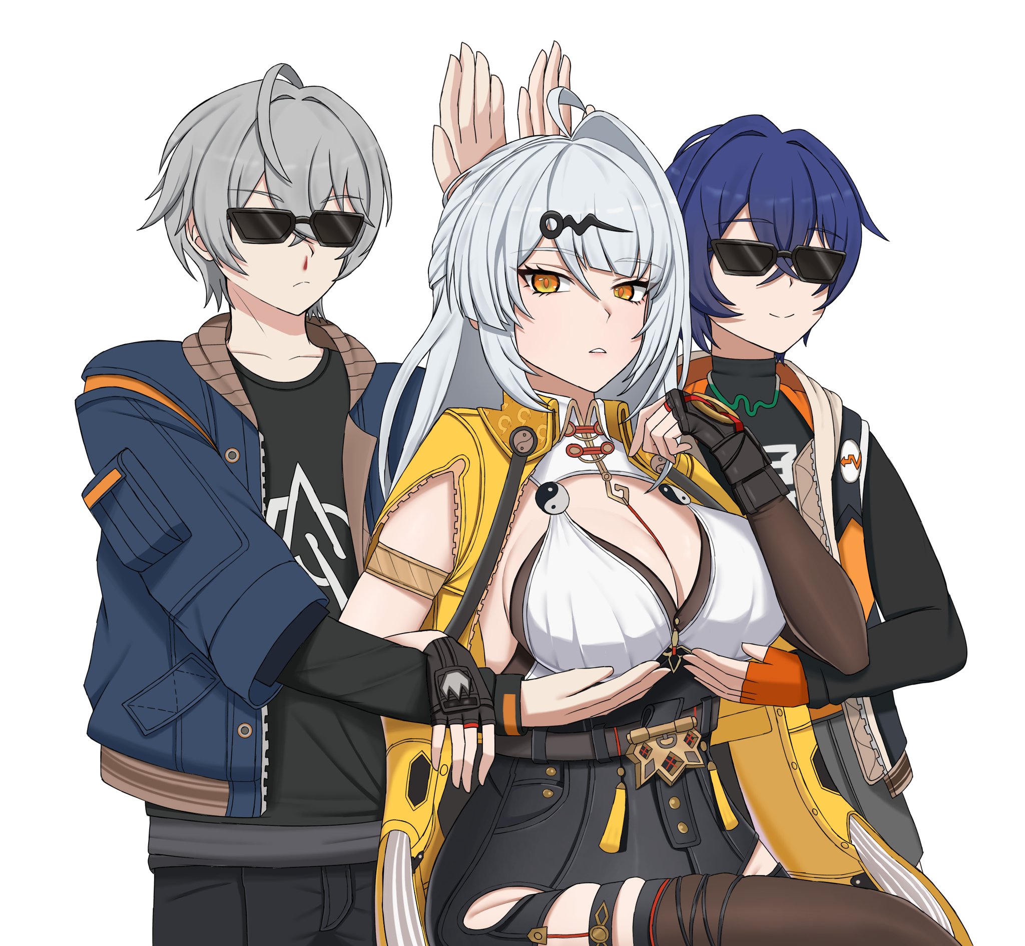 1boy, 2girls, amber eyes, artist request, belle (zenless zone zero), big breasts, blue hair, breast grab, breast hold, breasts, brother and sister, cleavage, clothed, clothing, dark blue hair, female, glasses, grey hair, highres, holding breast, holding up breasts, large breasts, male, meme, servants holding aphrodite's breasts (meme), short hair, simple background, sunglasses, tagme (artist), white hair, wise (zenless zone zero), yixuan (zenless zone zero), zenless zone zero