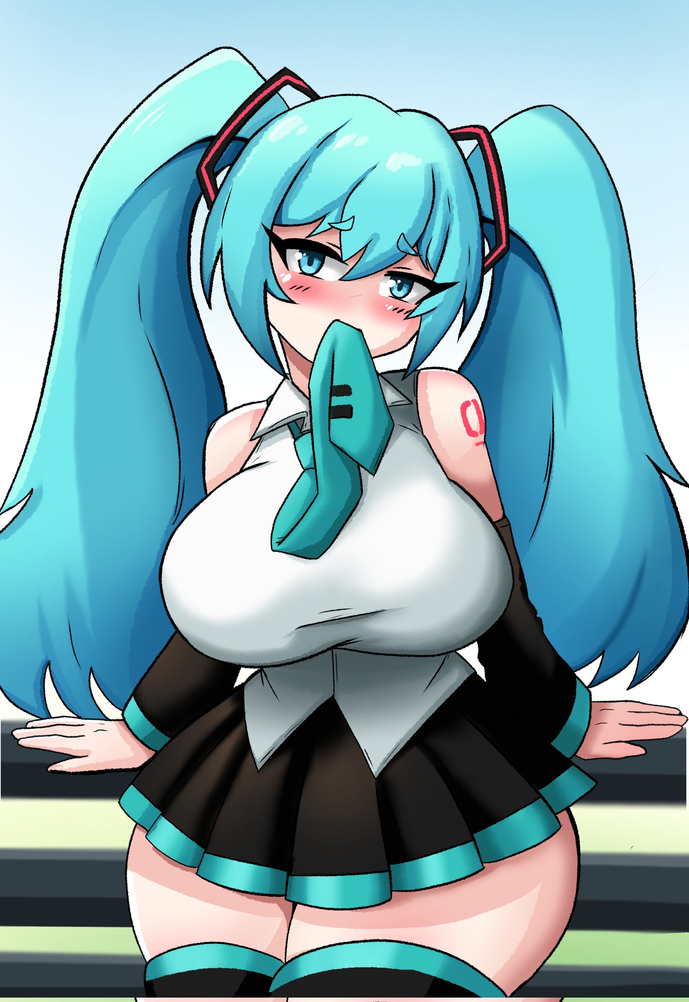 1girl, 1girls, alternate breast size, aqua eyes, aqua hair, aqua necktie, bare shoulders, big breasts, big titties, black skirt, blush, breasts, chubby female, curvaceous, curvaceous female, curvaceous figure, curvy, curvy figure, curvy hips, cyan hair, detached sleeves, female, female only, hatsune miku, hatzuhatzu, huge breasts, large breasts, long hair, looking at viewer, mouth hold, necktie, pleated skirt, shirt, skirt, sleeveless, solo, solo female, thick thighs, thigh highs, thighhighs, thighs, twintails, very long hair, vocaloid