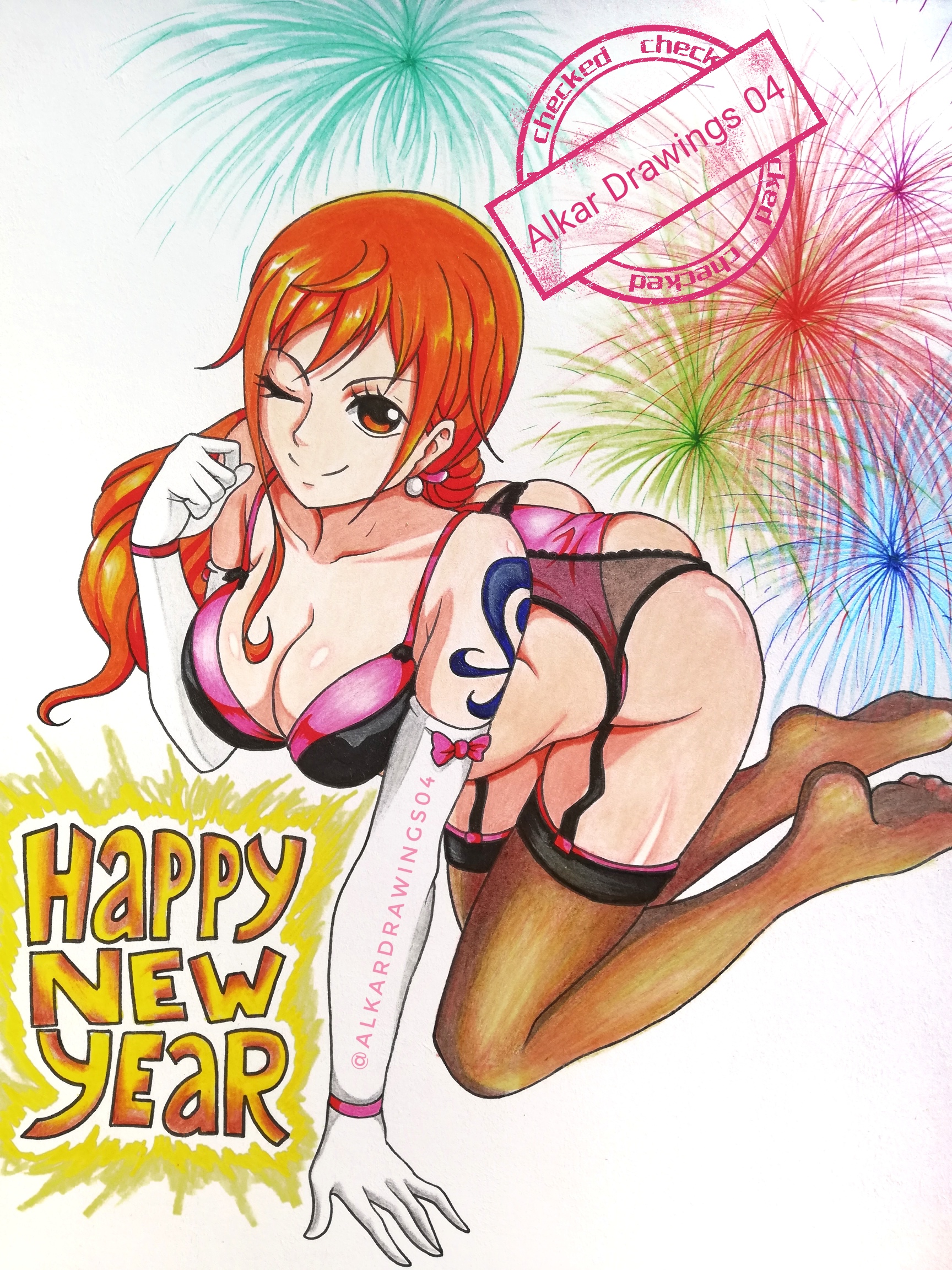 1girls, alkardrawings, arm tattoo, ass, big ass, big breasts, blue tattoo, breasts, brown eyes, busty, cleavage, curvy, erect nipple, erect nipples, feet, female, female only, fireworks, front view, happy new year, heart, hourglass figure, human, indoor, inside, lingerie, long hair, nami (one piece), new year, nipples, one piece, open mouth, orange hair, orange-haired female, post-timeskip, room, shiny, shiny skin, shower, solo, standing, stockings, tattoo, traditional media (artwork), wink