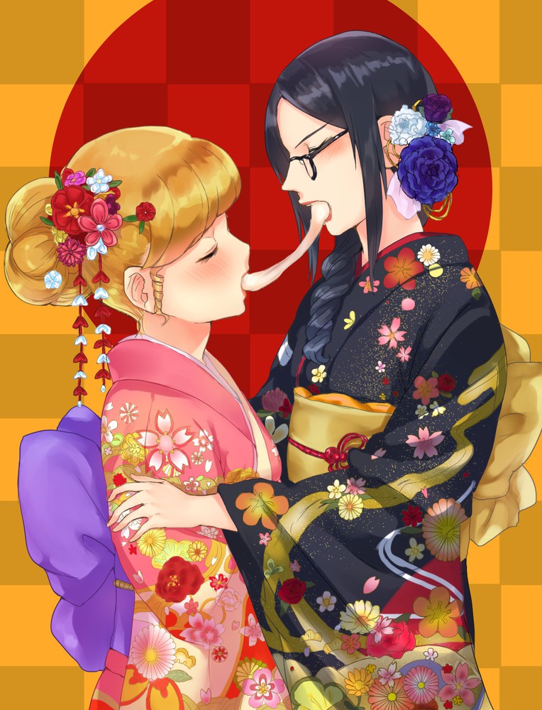 2girls black_hair blonde_hair food glasses japanese kimono kiss_mark long_hair mochi multiple_girls sharing_food swap_food yuri