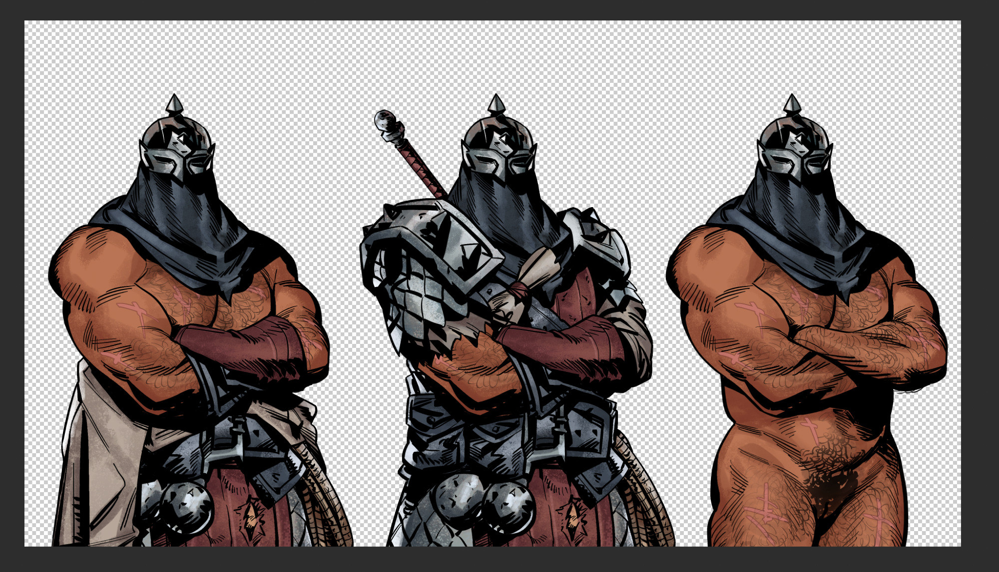 1boy, 2025, armor, armored male, bara, body hair, bounty hunter (darkest dungeon), brown skin, cel shading, clothed, cowl, crossed arms, cuntboy, darkest dungeon, forearms, francishsie, fully clothed, gauntlets, hairy, helmet, intersex, male, male only, masked, masked male, musclegut, muscles, muscular, muscular male, nude, pubic hair, pussy, renpy, scar, shirtless, shirtless male, solo, spiked armor, sprite, standing, trans man, unseen male face, vagina, yaoi