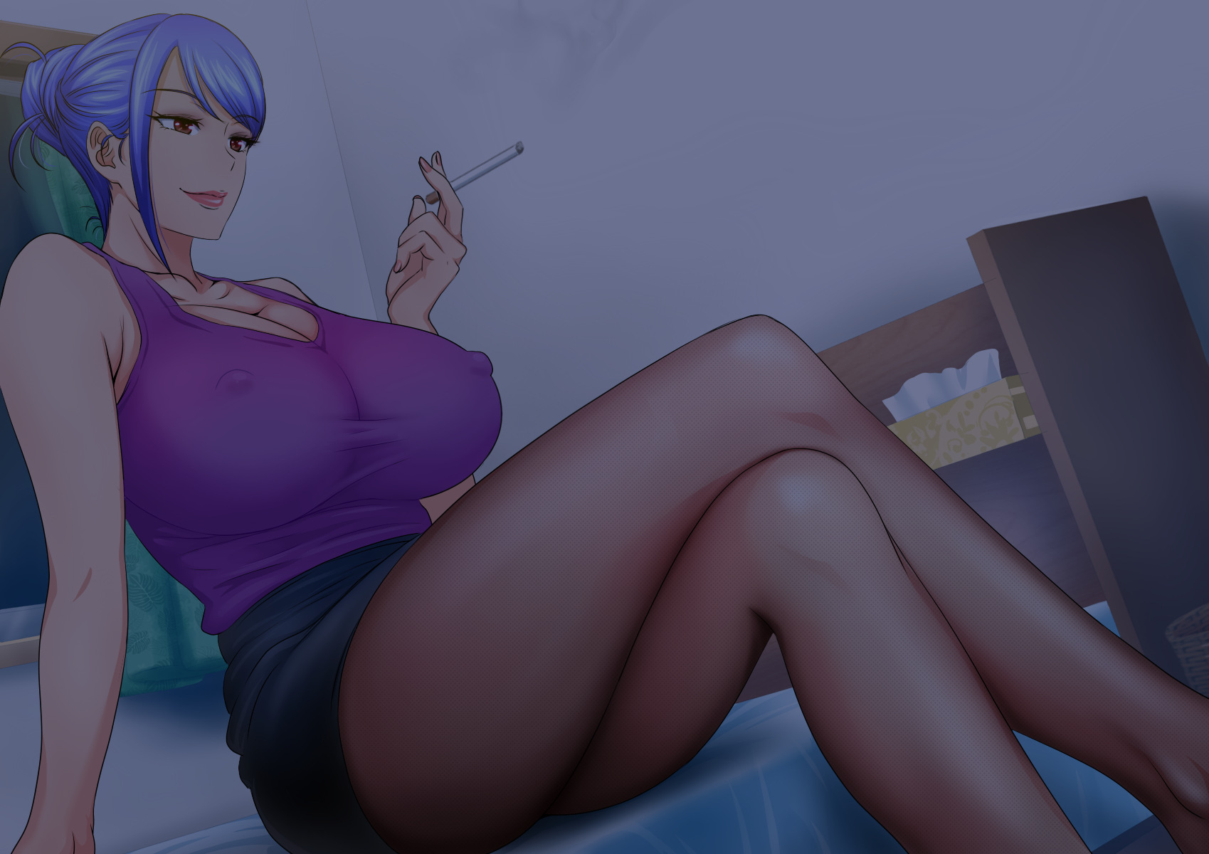 1girls, armpits, ass, bed, bed sheet, bedroom, blouse, blue hair, breasts, brown hair, cigarette, cleavage, clothed, crossed legs, curvaceous, curvy, female, holding cigarette, huge breasts, human, indoors, large breasts, lipstick, low light, mature, mature female, milf, pantyhose, pleated skirt, sitting on bed, smile, smoke, smoking, thick thighs, tied hair, upside-down (artist), wide hips
