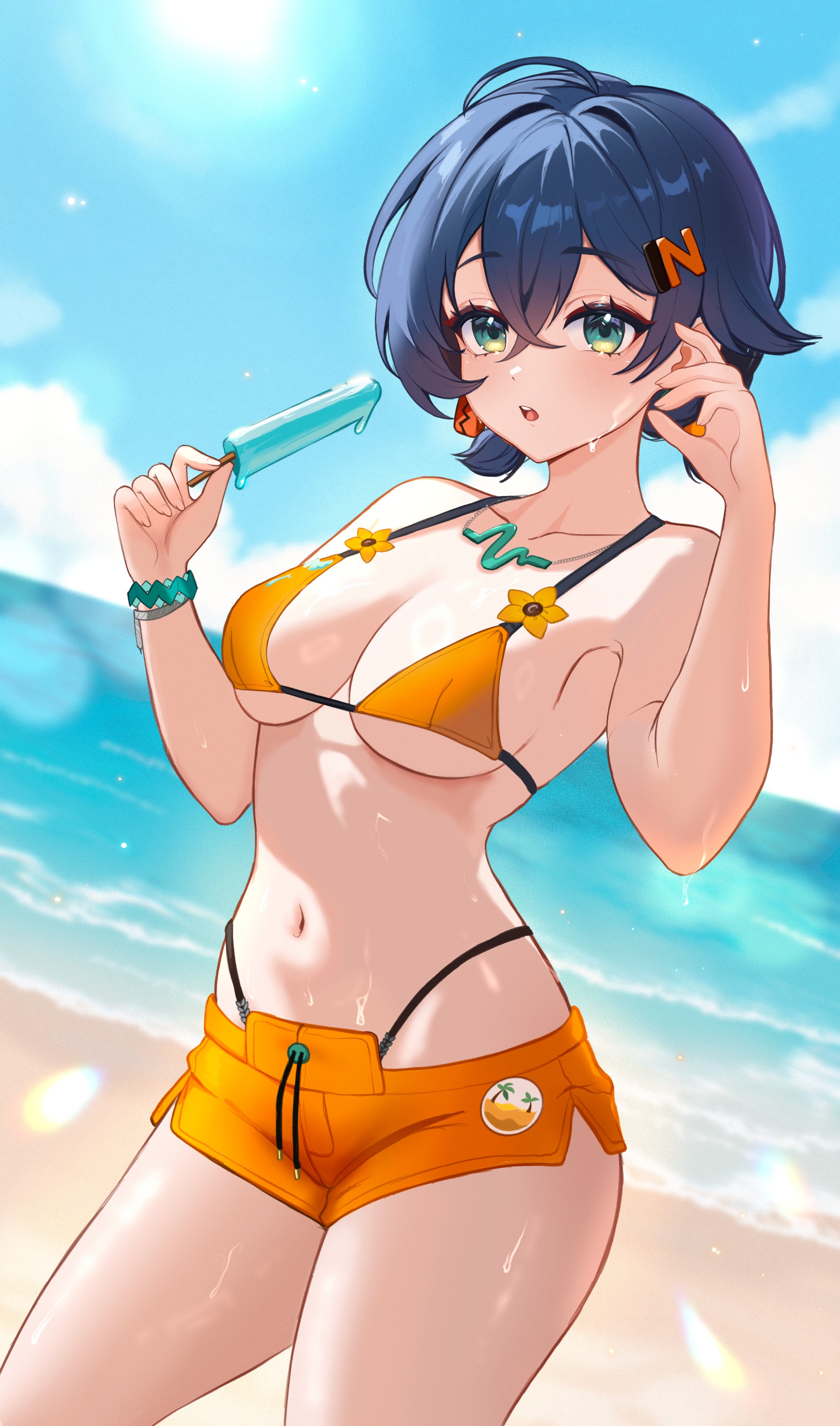 1girls, absurdres, aki hoshino, alternate costume, beach, belle (summer skies) (zenless zone zero), belle (zenless zone zero), bikini, bikini shorts, blue eyes, blue hair, breasts, female, female only, food, highres, holding, holding food, holding popsicle, medium breasts, ocean, official alternate costume, open mouth, orange bikini, orange shorts, parted lips, popsicle, sand, short hair, shorts, solo, swimsuit, swimwear, zenless zone zero