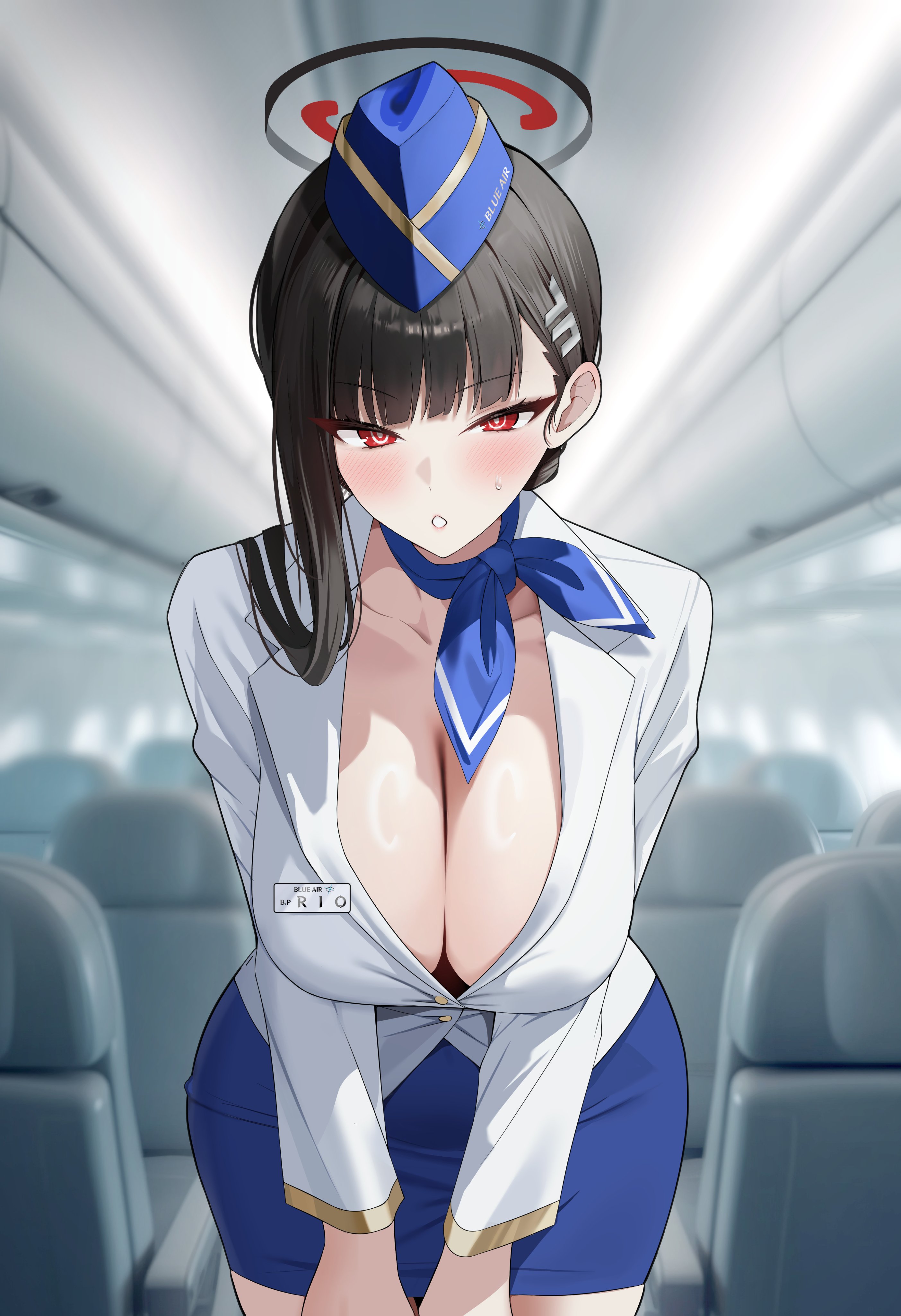 1girls, absurdres, airplane interior, alternate costume, alternate hairstyle, black hair, black halo, blue archive, blue ribbon, blue skirt, blunt bangs, blurry, blurry background, blush, breasts, character name, choker, cleavage, cowboy shot, employee uniform, english commentary, female, female only, flight attendant, flight attendant hat, gamtoryy, garrison cap, hair behind ear, hair ornament, hairclip, halo, hands on own thighs, hat, highres, jacket, large breasts, leaning forward, long hair, looking at viewer, miniskirt, multicolored halo, name tag, pencil skirt, red eyes, ribbon, ribbon choker, ringed eyes, rio (blue archive), skirt, solo, sweatdrop, travel attendant, two-tone halo, uniform, white jacket