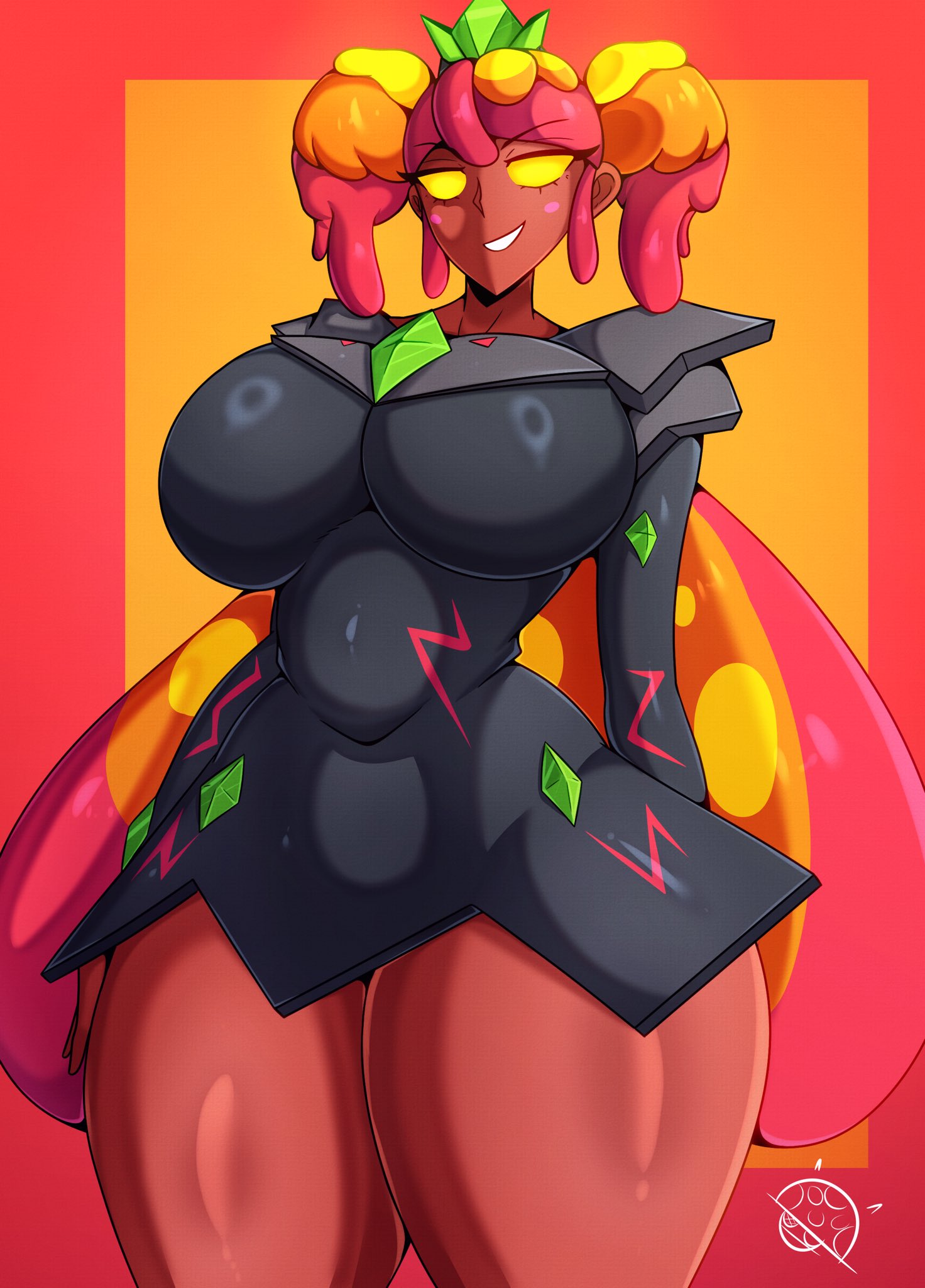 brawl stars, breasts, bright eyes, clothed, clothing, dark skin, dark-skinned female, female, female only, large breasts, looking at viewer, magma, magma mandy (brawl stars), mandy (brawl stars), multicolored hair, solo, solo female, supercell, thick thighs, tr yithaz