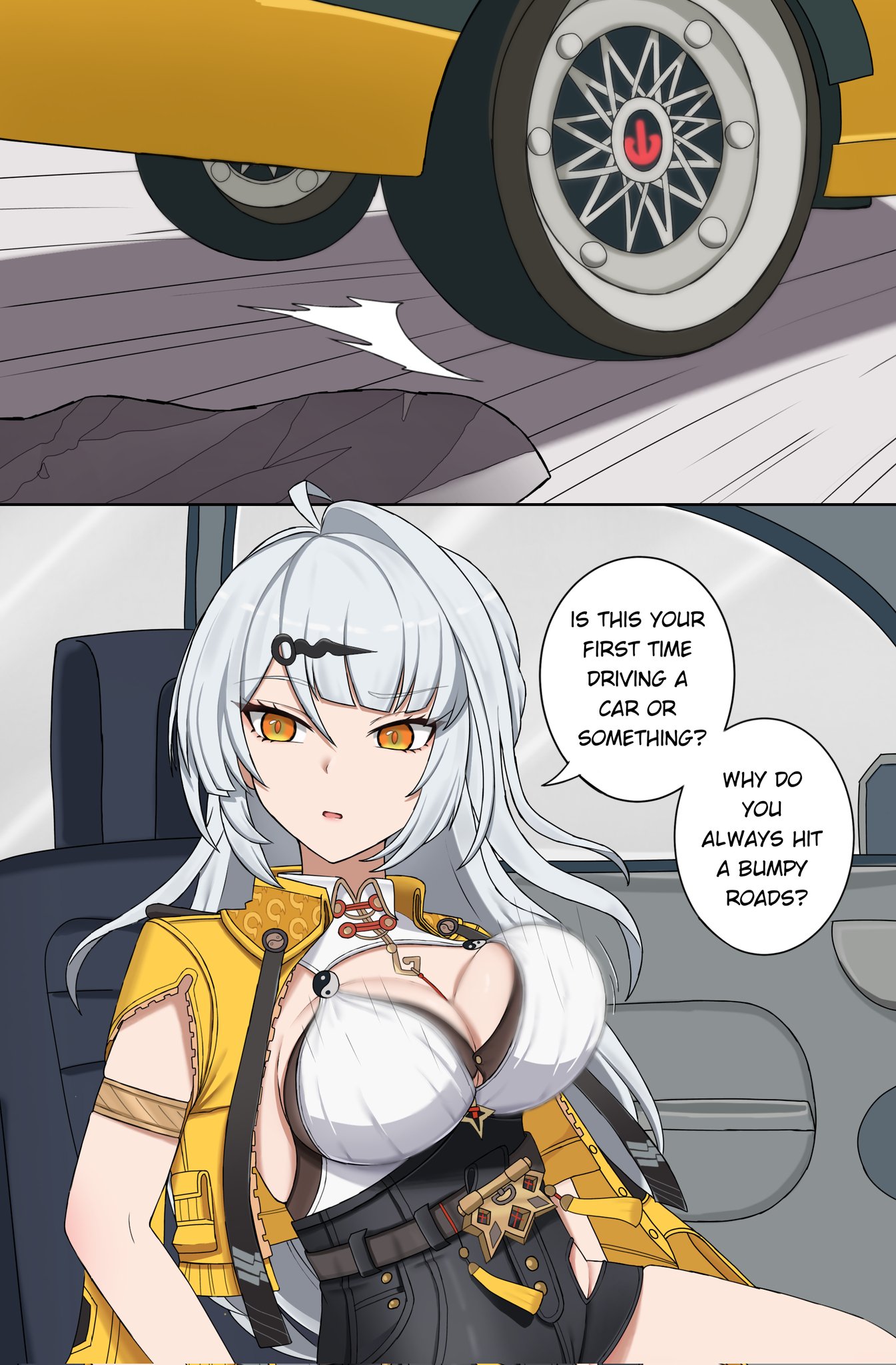 bouncing breasts, breasts, car, car wheel, driving, english text, female, looking at another, motion lines, tagme (artist), yixuan (zenless zone zero), yunkui summit, zenless zone zero