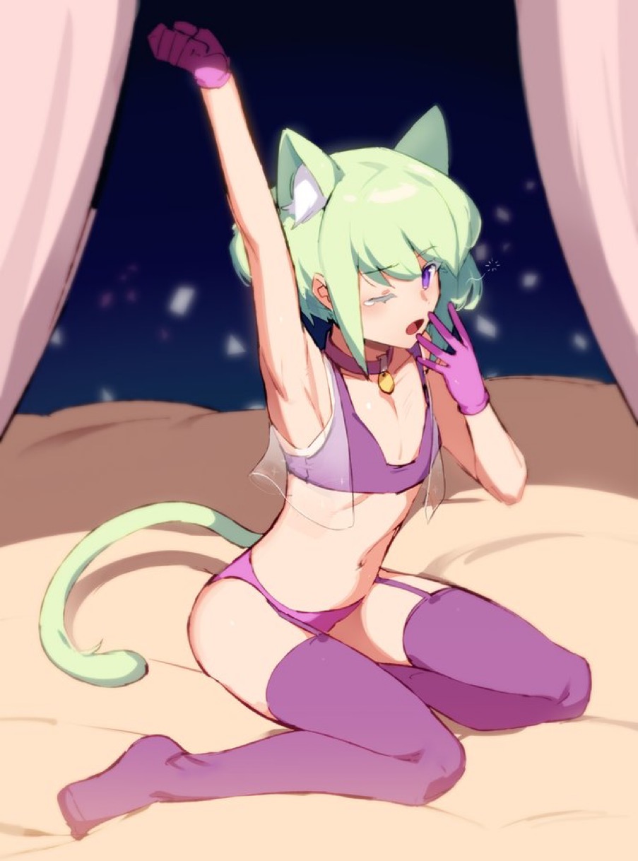 2d, 2d (artwork), androgynous, cat boy, cat ears, cat tail, femboy, instanttnoodle, lio fotia, male, male only, promare, stockings, thighhighs, thighs, twink