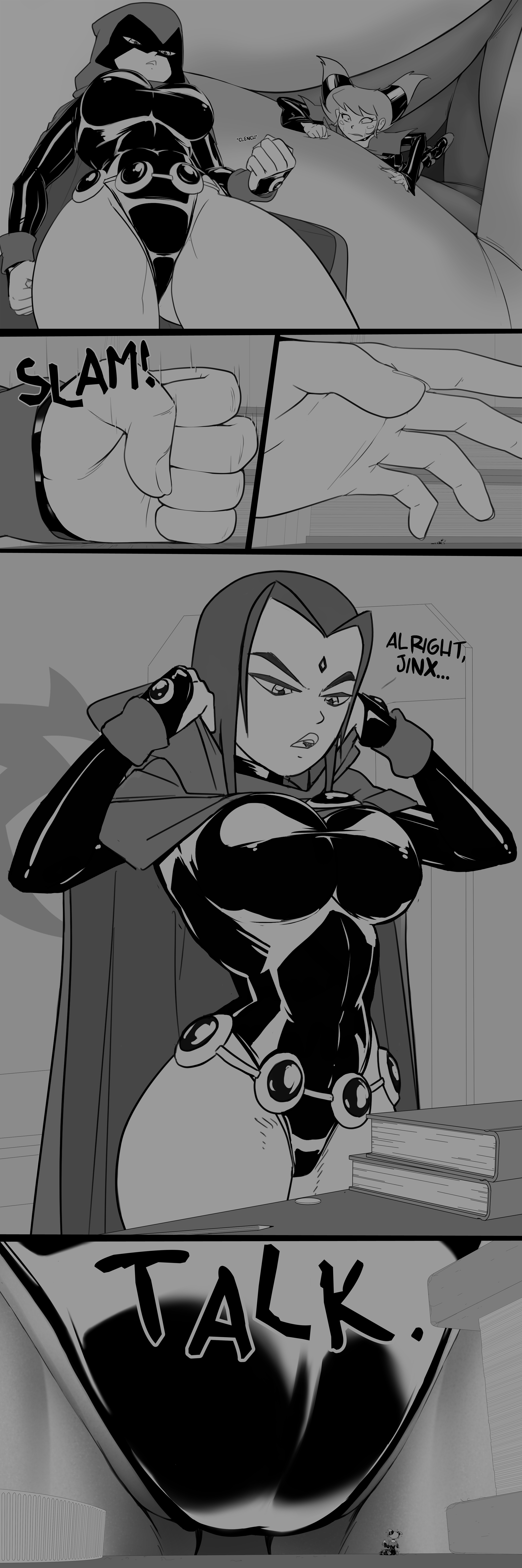 2girls, annoyed, annoyed expression, big breasts, book, breasts, cameltoe, climbing, cloak, clothing, dc, dc comics, dialogue, female, female only, giantess, goth, goth girl, greyscale, hood, in hand, interrogation, jinx (dc), leotard, micro, nervous sweat, png, pussy, rachel roth, raven (dc), ravenravenraven, size difference, teen titans, text, thick thighs, threatening, wide hips