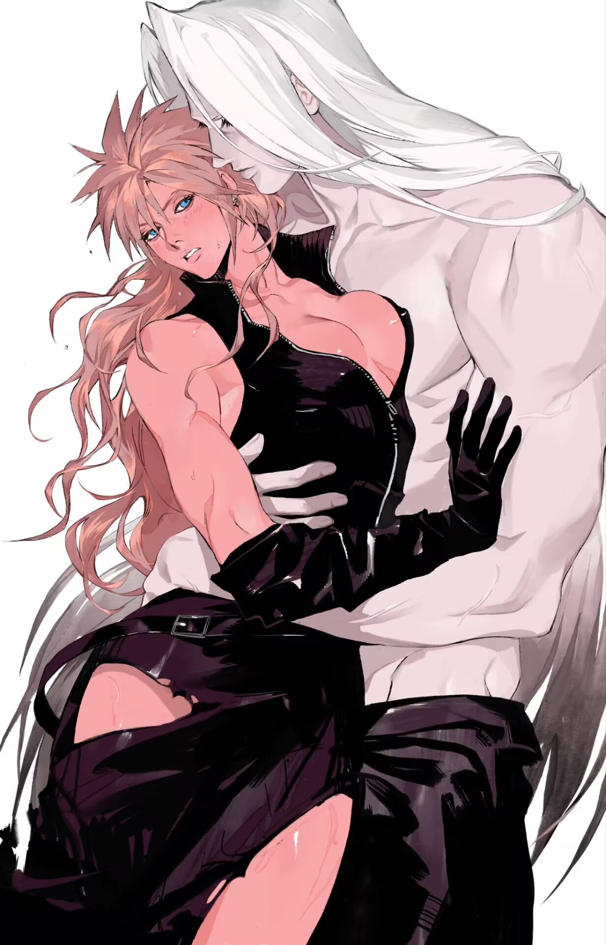 1boy, 1girls, alina99liang, blonde hair, blue eyes, boobs, breasts, cloud strife, cloudette strife, color, female, final fantasy, final fantasy vii, genderswap (mtf), gloves, height difference, long hair, male, male/female, muscular, muscular male, rule 63, sephiroth, shirtless, size difference, straight, tagme, toned, toned body, toned female, torn clothes, white background, white hair