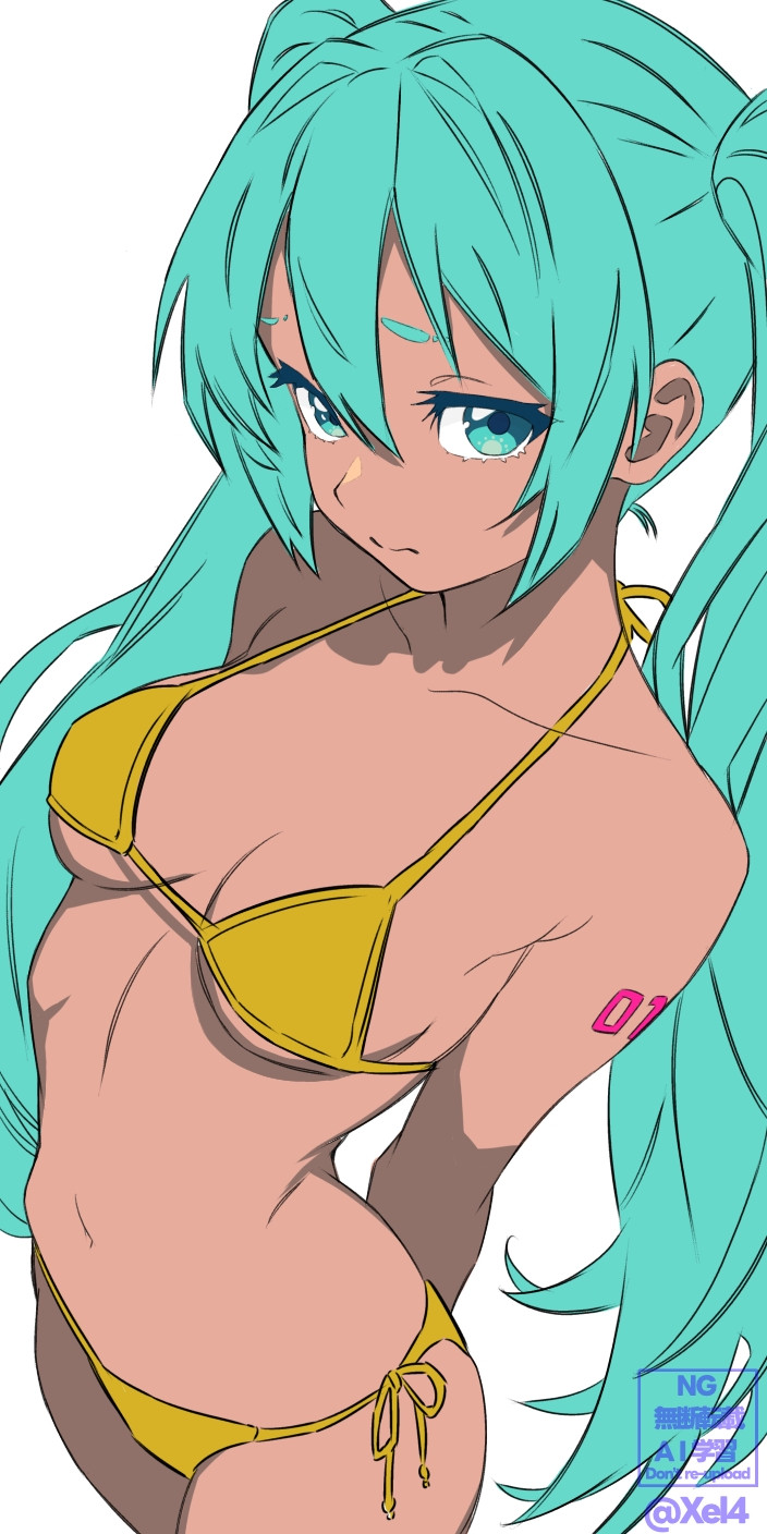 1girl, 1girls, alternate version, aqua eyebrows, aqua eyes, aqua hair, arms behind back, artist name, bikini, breasts, closed mouth, collarbone, dark skin, embarrassed, female, gold bikini, golden bikini, hair between eyes, halterneck, hatsune miku, long hair, looking at viewer, medium breasts, navel, number tattoo, side-tie bikini bottom, simple background, solo, string bikini, suntan, swimsuit, tan, tanned, tanned female, tanned skin, tattoo, twintails, very long hair, white background, xel4, yellow bikini, yellow bikini bottom, yellow bikini top