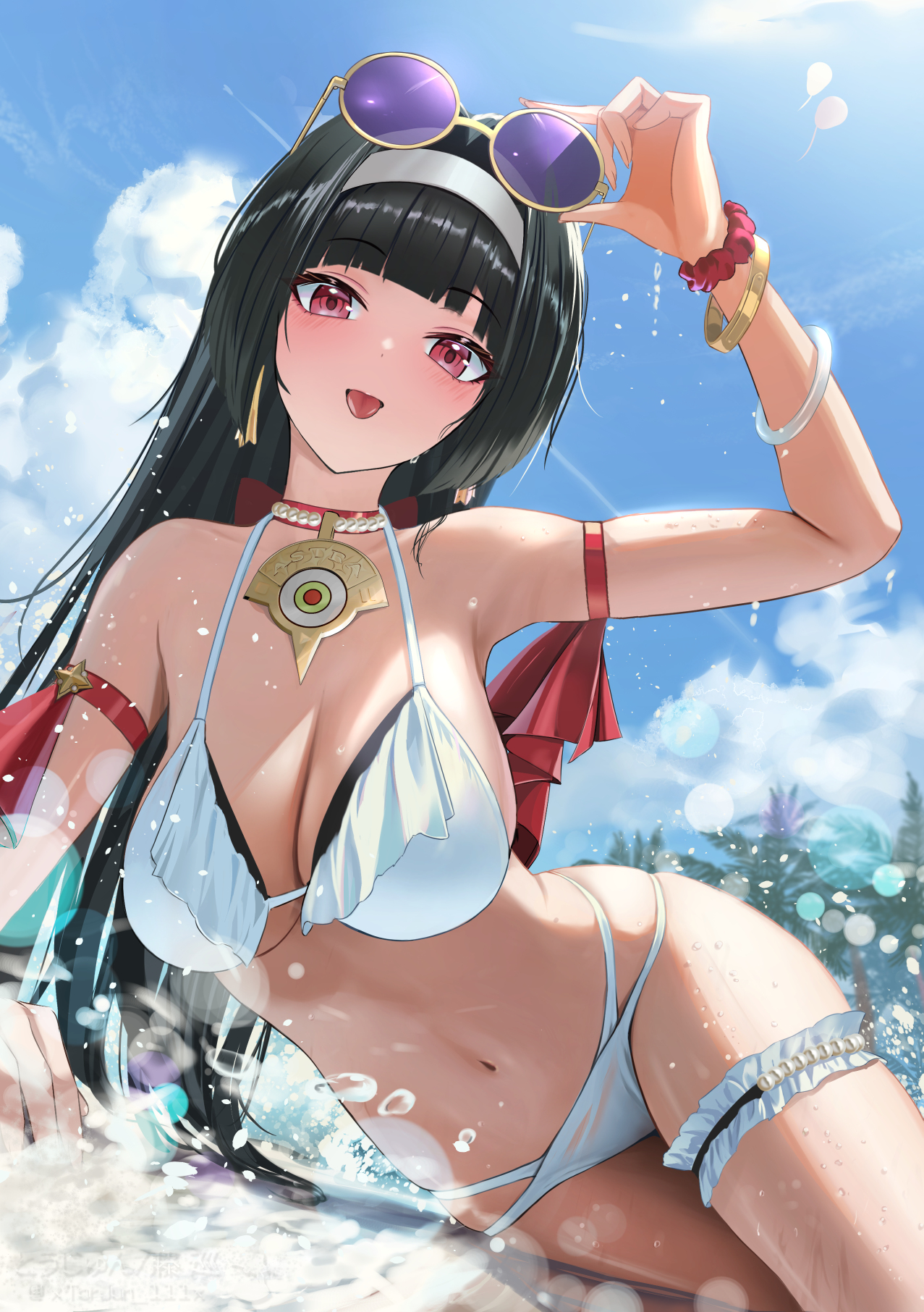 alternate costume, astra yao, bikini, black hair, blue sky, bracelet, breasts, cleavage, commentary, eyewear on head, female, female only, frilled thigh strap, hairband, highres, holding, holding removed eyewear, jewelry, large breasts, long hair, looking at viewer, navel, necklace, outdoors, pearl necklace, red eyes, sky, solo, stomach, sunglasses, swimsuit, thigh strap, tongue, tongue out, torjun 111, unworn eyewear, very long hair, water, white bikini, white hairband, zenless zone zero