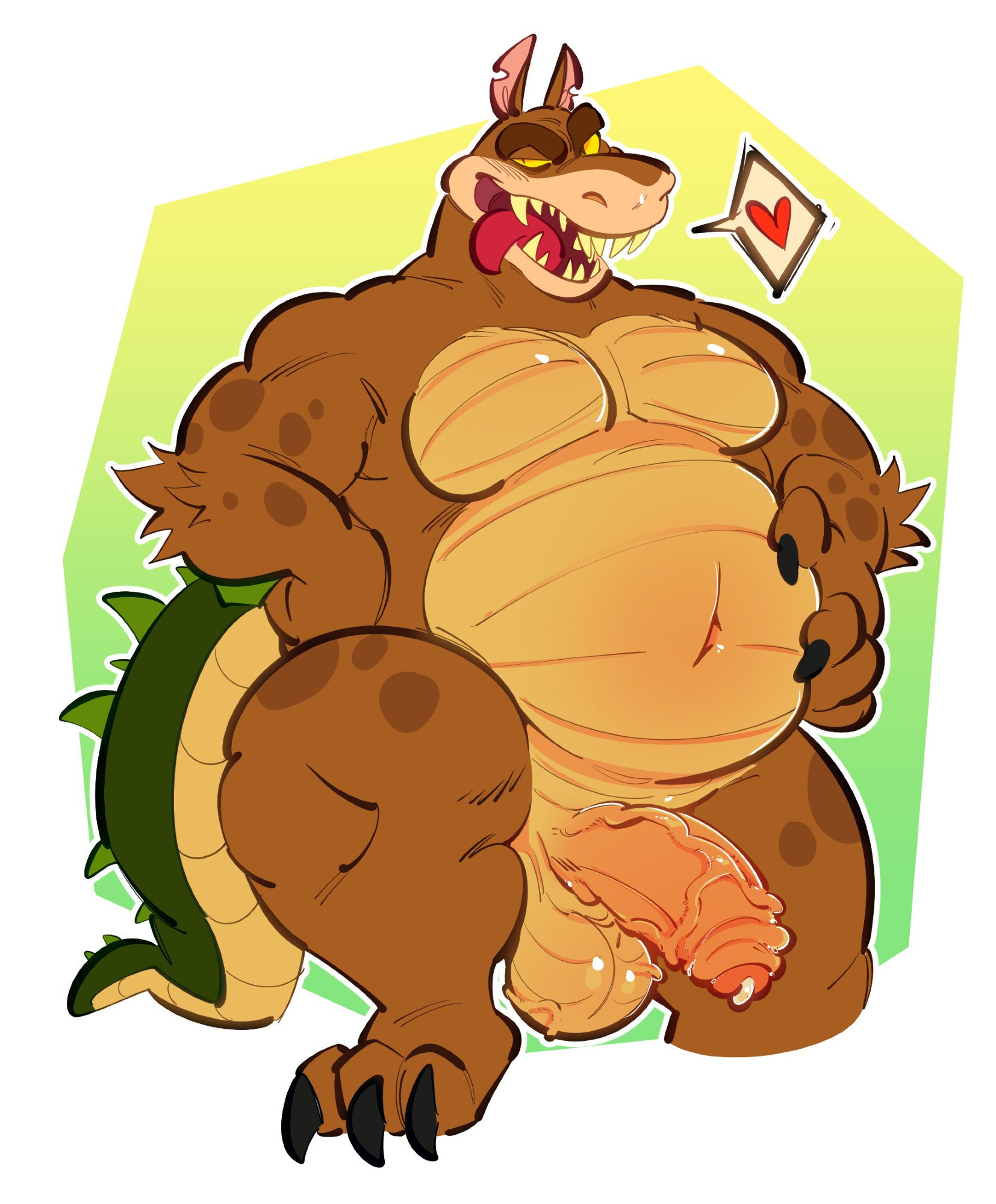 1boy, anthro, anthro only, bara, big penis, bileshroom, brown fur, chubby belly, chubby male, claws, crash (series), dingodile, furry, furry male, furry only, himbo, huge cock, large penis, male, male only, muscular, muscular chest, muscular male, penis, precum, precum drip, precum on penis, precum string, tongue, tongue out, veiny penis, yaoi, yellow eyes