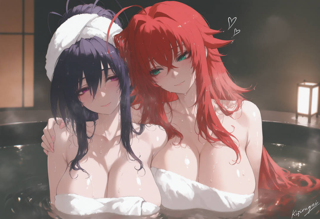 2girls, ai generated, akeno himejima, bathhouse, big breasts, black hair, breasts, female, female only, high school dxd, kizirugai, red hair, rias gremory, towel, yuri
