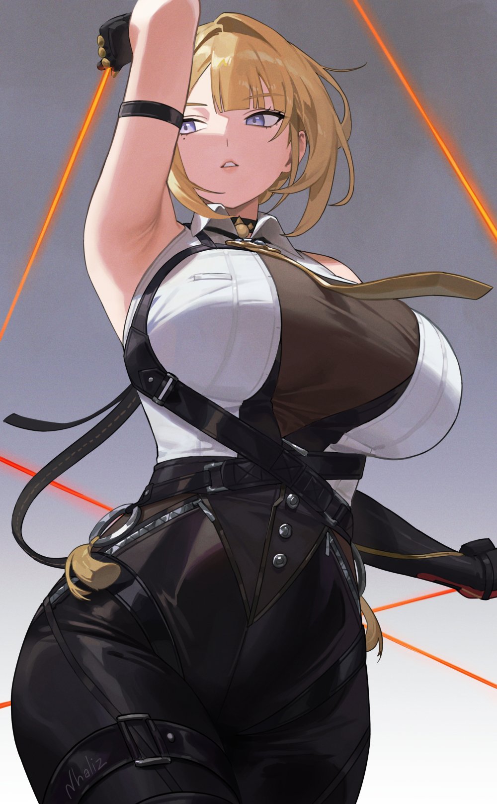 1girls, arm strap, arm up, armpits, artist name, bare shoulders, black gloves, blonde hair, blue eyes, breasts, collared shirt, commentary, evelyn chevalier, female, female only, gloves, grey background, highres, large breasts, mole, mole under eye, necktie, nhaliz, paid reward available, parted lips, shirt, sleeveless, sleeveless shirt, solo, yellow necktie, zenless zone zero