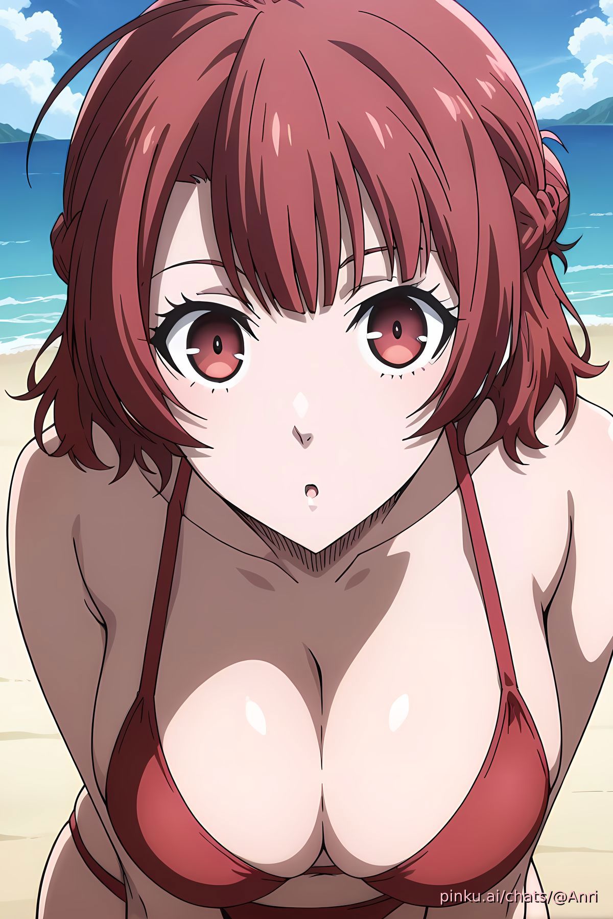 ai generated, beach, bikini, blue lock, female, red bikini, red eyes, red hair, tagme, teieri anri, water