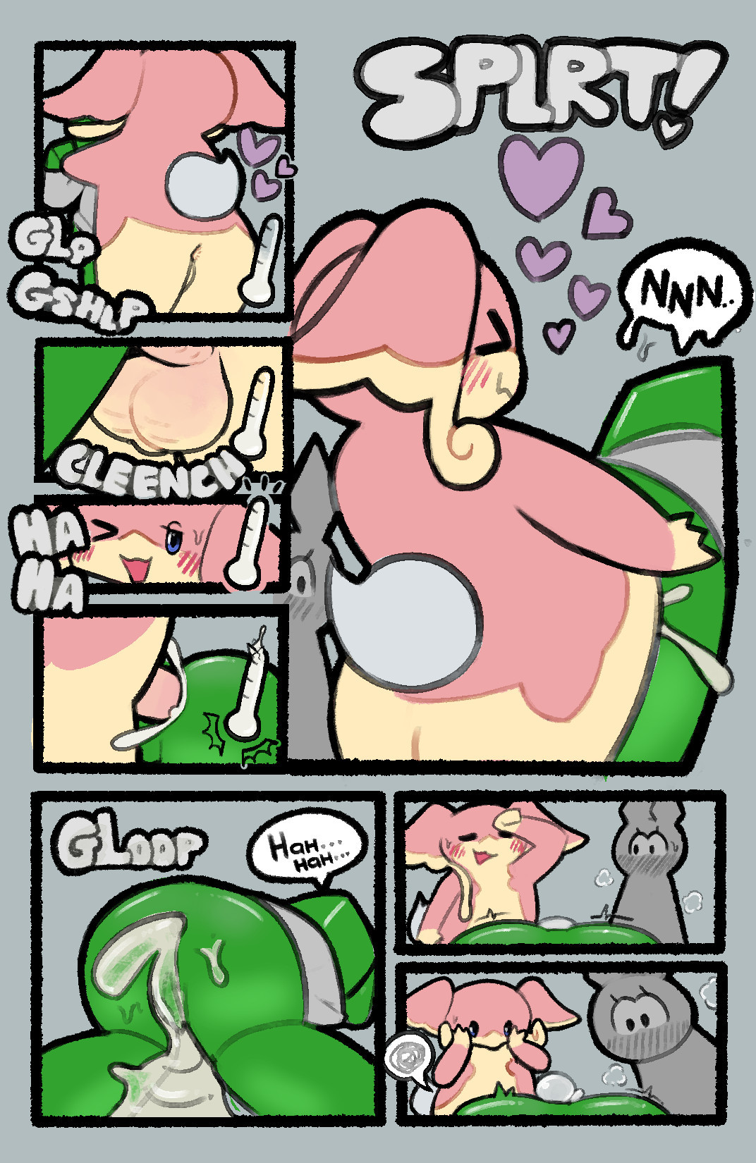 anal, ass, audino, blush, bsky link, comic, cum, cum in ass, cum inside, degooed, female, femboy, goo creature, heart, humanoid, interspecies, male, male/female, moan, moaning, nintendo, onomatopoeia, penetration, penis, pink penis, pokemon, pokemon (species), public, pussy, slime, thermometer