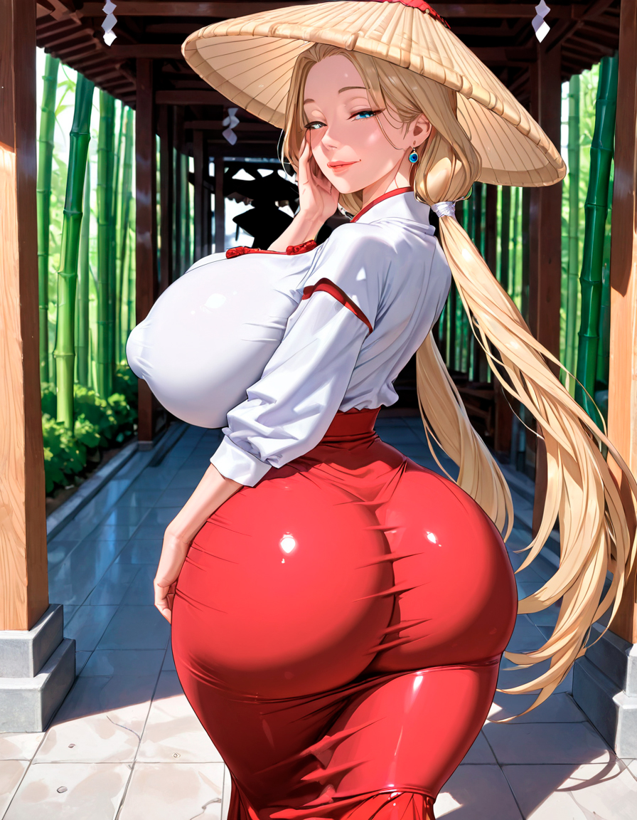 1girls, ai generated, ass, ass focus, big breasts, bimbo, bimbo body, bimbo lips, blonde hair, blue eyes, breasts, breasts bigger than head, bubble ass, bubble butt, conical hat, curvy, curvy body, curvy female, curvy figure, curvy hips, female, female only, hand on face, hand on hip, huge ass, huge breasts, japanese clothes, light-skinned female, looking at viewer, looking back, massive breasts, mature female, mayumi (starlightnex), milf, mommy, original, original character, playful, red skirt, shrine maiden, slim waist, sly, smile, smiling at viewer, solo, starlightnex, thick, thick ass, thick butt, thick hips, thick legs, thick lips, thick thighs, tight clothing, turning head, twintails, voluptuous, white clothing, wide hips