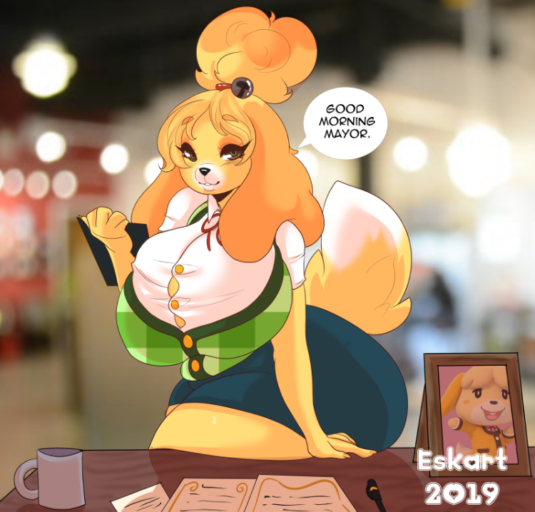 1girls 2019 animal_crossing anthro ass big_breasts breasts canine clothed clothing english_text ezukapizumu female female_only furry huge_breasts isabelle_(animal_crossing) large_breasts nintendo smile solo text thick_thighs thighs