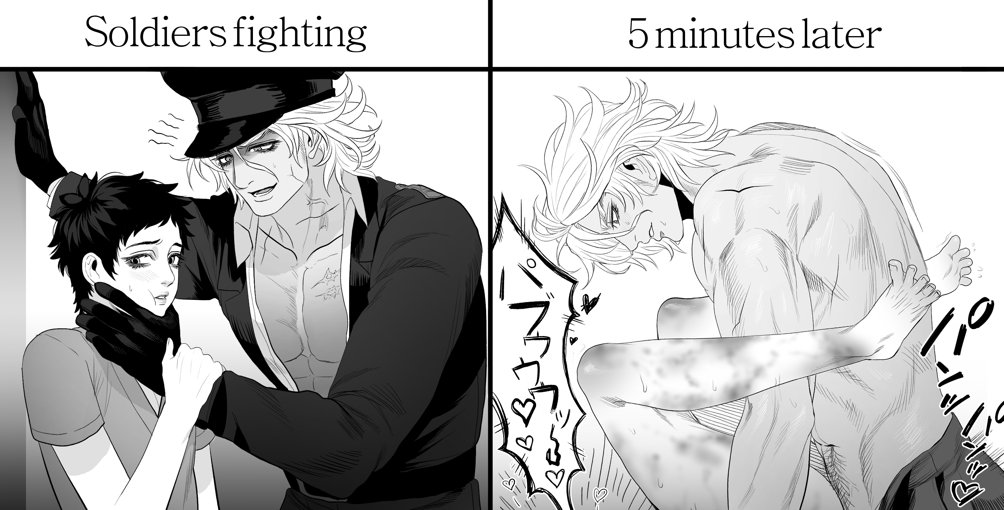 2boys, big dom small sub, dominant, dominant male, domination, eriurias73, fear and hunger, fear and hunger: termina, fucked into submission, fucked senseless, fucked silly, gay, gay anal, gay domination, gay male, gay sex, levi (fear and hunger), male, maledom, malesub, meme, military hat, military uniform, monochrome, offscreen sex, pavel yudin, rough sex, size difference, soldier, submission, submissive, submissive male, unseen penetration, yaoi