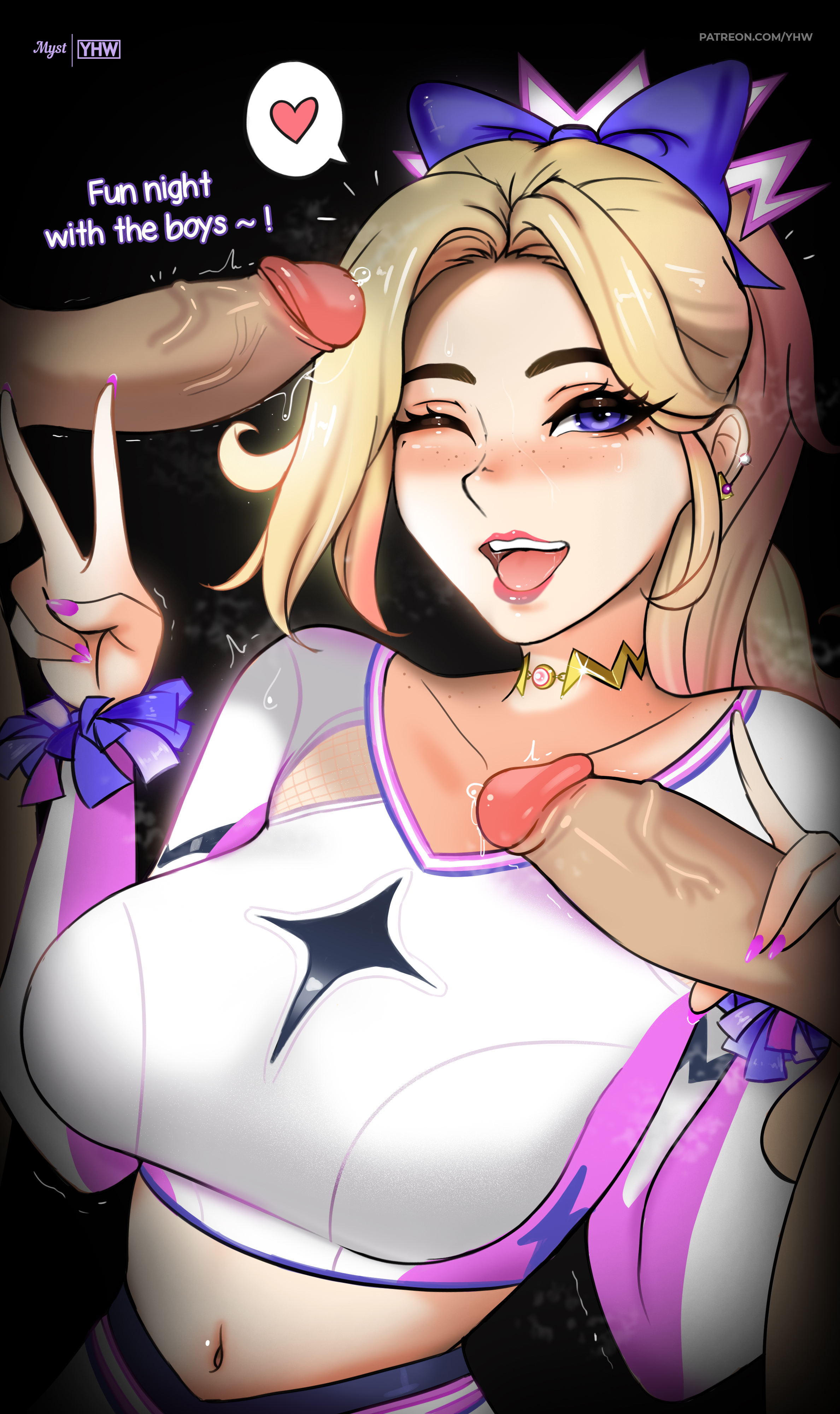 1girls, 2boys, belly button, big breasts, blonde female, blonde hair, breasts, cheerleader, clothed female nude male, clothed sex, female, fluids, fortnite, freckles, haylee skye (fortnite), male, myst, nails, nude, painted nails, ribbon, ribbon in hair, threesome, tongue, tongue out, trio, yhw