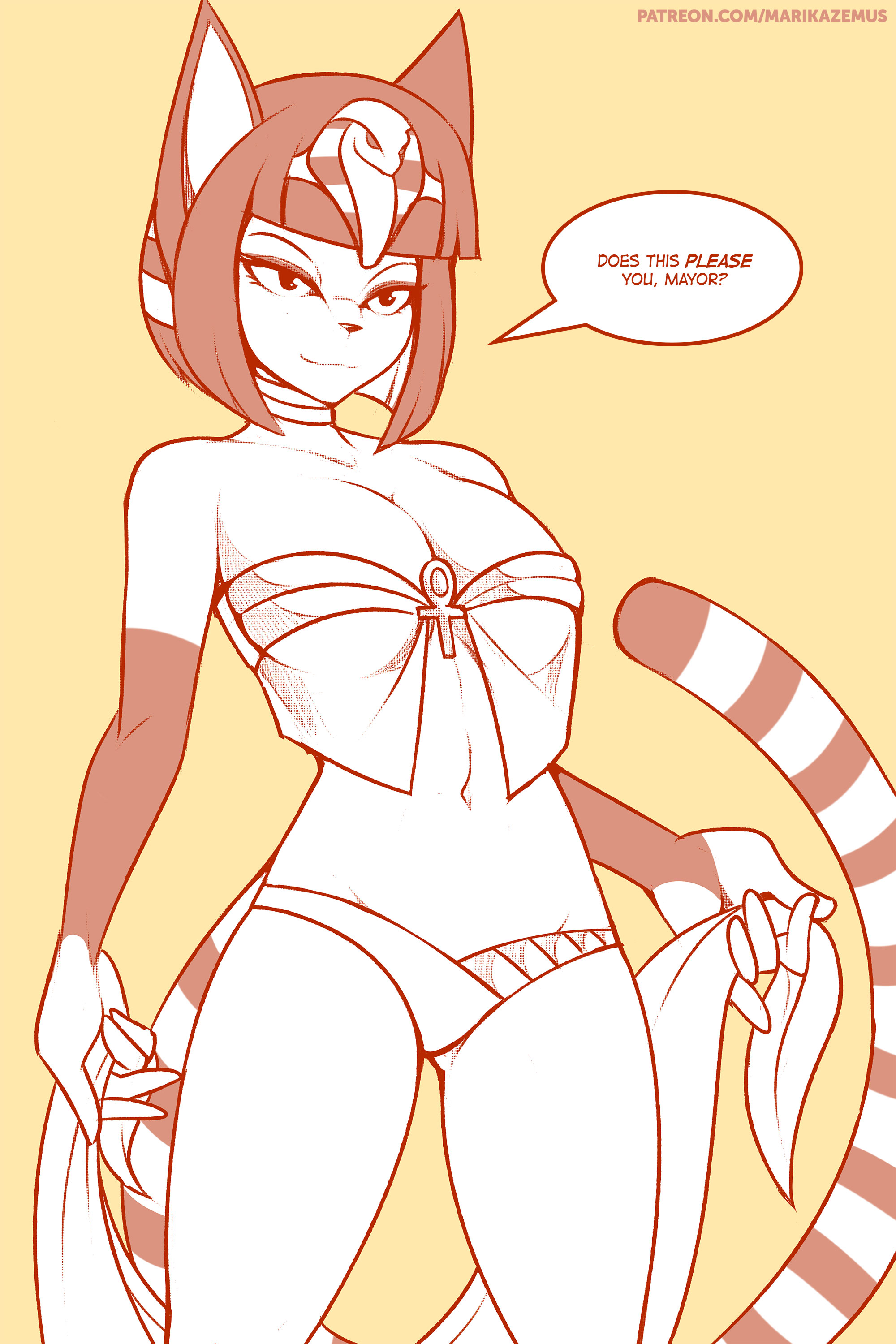 1girls, 2017, 5 fingers, absurd res, alternate body type, alternate breast size, animal crossing, ankh, ankha, anthro, big breasts, breasts, cleavage, clothed, clothing, dialogue, egyptian, english text, eye contact, eyebrows, eyelashes, eyeshadow, feline, female, female only, fingers, furry, hair, half-closed eyes, hi res, large breasts, long tail, looking at viewer, makeup, mammal, marik azemus34, monochrome, navel, nintendo, panties, patreon, pose, sarong, short hair, simple background, smile, solo, standing, stripes, tail, text, thigh gap, underwear, undressing, uraeus, url, video games, watermark, yellow background
