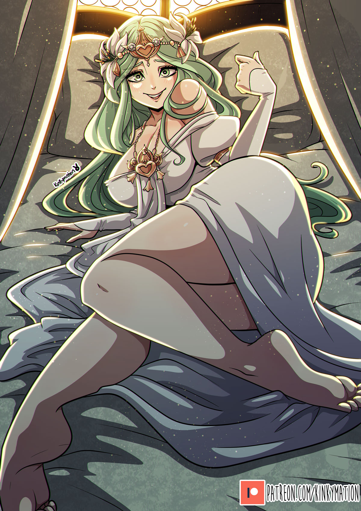 1girls bare_legs bare_shoulders barefoot bed blush cleavage crazy_eyes dress female female_only fire_emblem fire_emblem:_three_houses flower gem green_eyes green_hair hair_flower hair_ornament happy headgear heart heart-shaped_pupils in_bed jewelry kinkymation large_breasts light-skinned_female light_skin long_gloves long_hair looking_at_viewer necklace nintendo on_bed on_side open_eyes open_mouth open_smile pillow rhea_(fire_emblem) smile soles solo solo_female strapless strapless_dress tight_dress toes very_long_hair white_dress