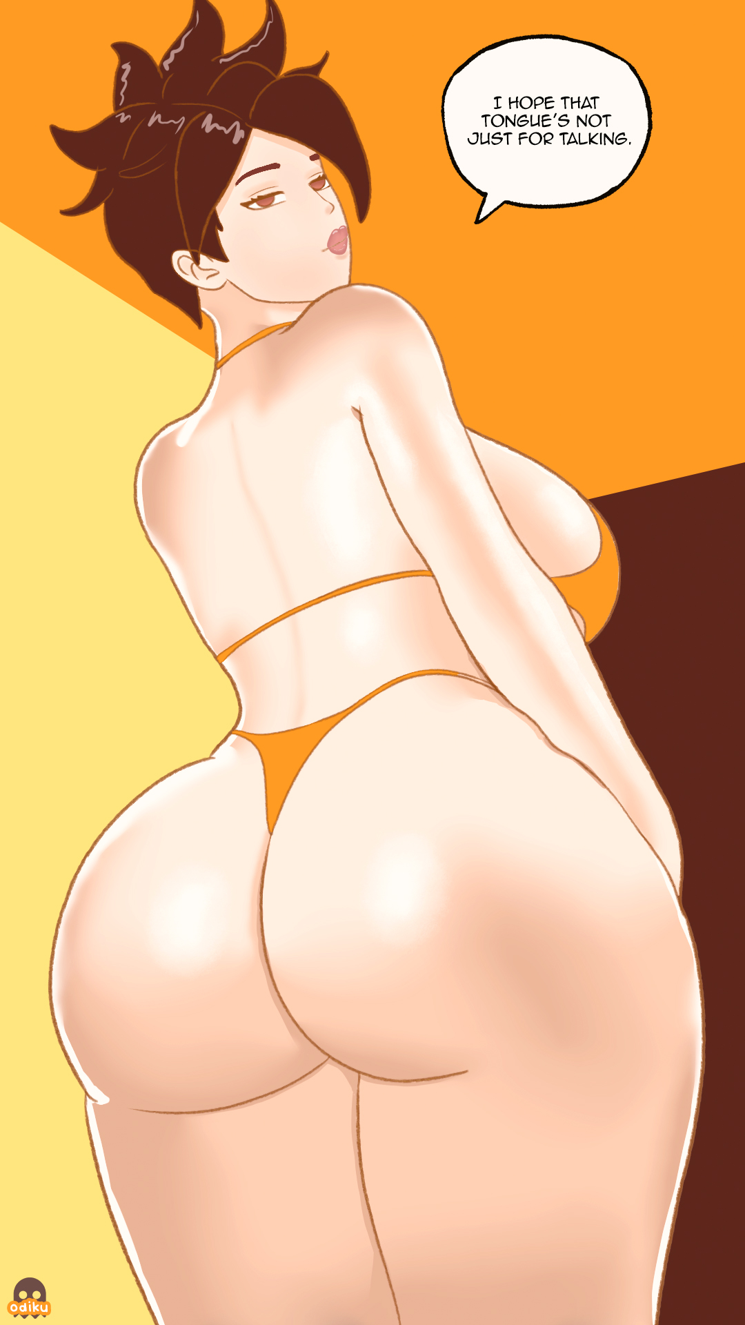 1girls, ass, ass focus, back view, big ass, big butt, big thighs, bikini, blizzard entertainment, bottom heavy, brown hair, curvaceous, curvy, curvy body, curvy female, curvy figure, curvy hips, curvy thighs, eye contact, female, female focus, female only, huge ass, huge butt, huge thighs, lena oxton, looking at viewer, looking back, odiku, overwatch, overwatch 2, round ass, showing ass, solo, solo female, solo focus, swimsuit, thick ass, thick butt, thick hips, thick thighs, thighs, tracer, voluptuous, voluptuous female