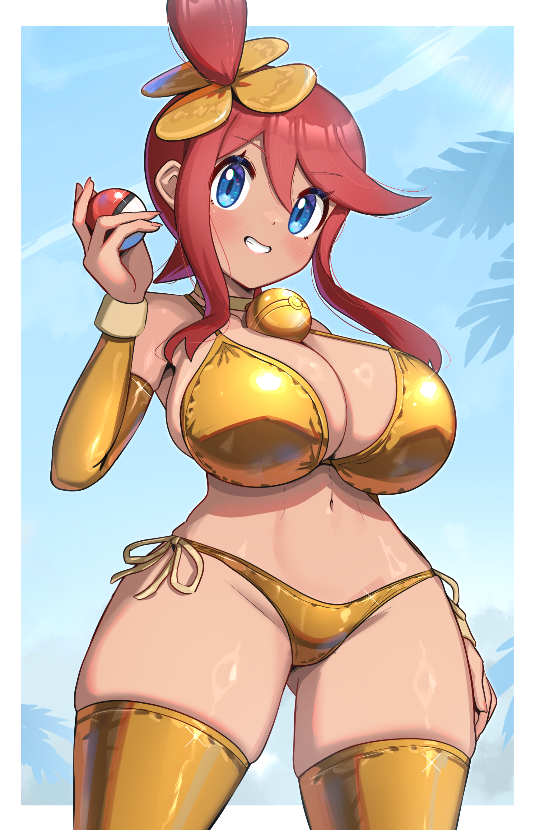 beach, bikini, bimbo, blue eyes, blush, breasts, cute, female, gold bikini, gold jewelry, golden bikini, gonzarez, hair bun, hair ornament, large breasts, latina, pokeball, pokemon, pokemon bw, red hair, shiny clothes, shiny skin, skyla (pokemon), smile, tagme, tan skin, thick thighs, thighhighs