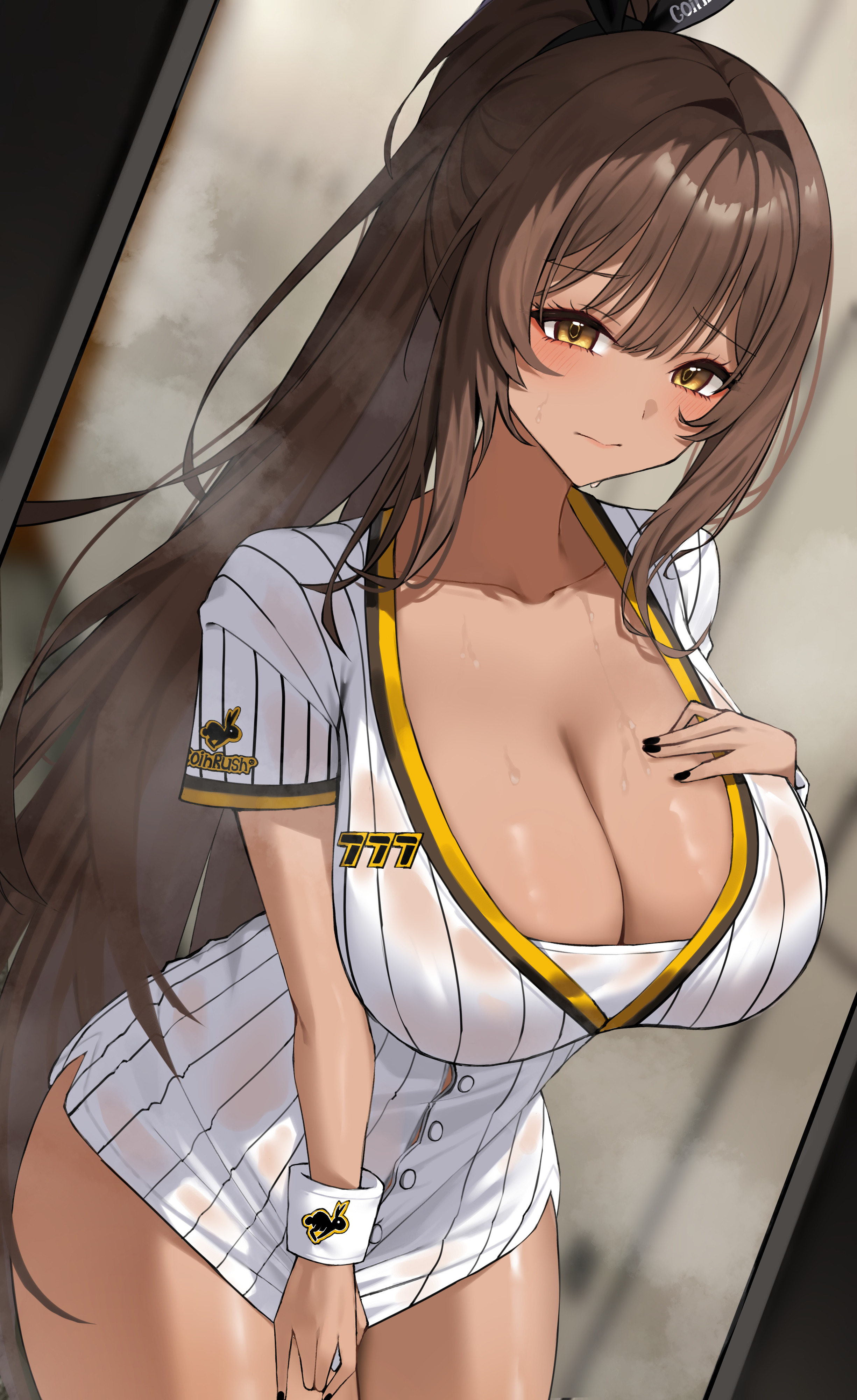 1girls, absurdres, animal print, black nails, blush, breasts, brown hair, cleavage, closed mouth, collarbone, commentary, dark skin, dark-skinned female, female, female only, fingernails, hand on own chest, highres, large breasts, long hair, looking at viewer, murding, nail polish, no pants, noir (nikke), official alternate costume, official alternate hairstyle, ponytail, rabbit print, see-through clothes, see-through shirt, shirt, shirt tug, short sleeves, solo, steaming body, striped clothes, striped shirt, sweat, thighs, vertical-striped clothes, vertical-striped shirt, very long hair, white shirt, yellow eyes