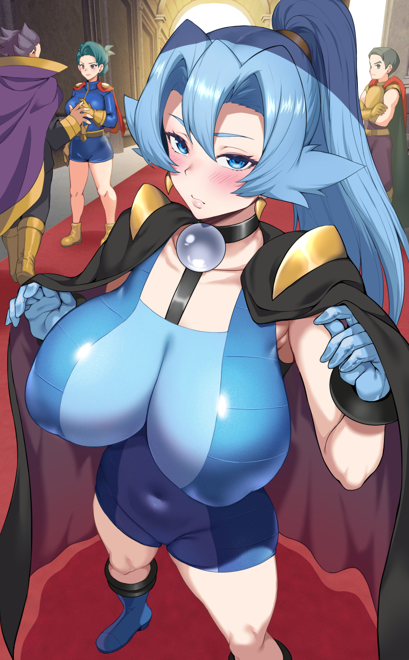 2boys, 2girls, black cape, blue bodysuit, blue eyes, blue gloves, blue hair, blush, bodysuit, boots, breasts, cape, choker, clair (pokemon hgss), clair (pokemon), collarbone, covered navel, dragon tamer (pokemon), earrings, female, gloves, highres, jewelry, jirusu, knee boots, large breasts, long hair, looking at viewer, male, multiple boys, multiple females, multiple girls, multiple males, npc trainer, pokemon, pokemon dppt, pokemon gsc, pokemon hgss, pokemon masters, pokemon oras, pokemon sv, ponytail, solo focus
