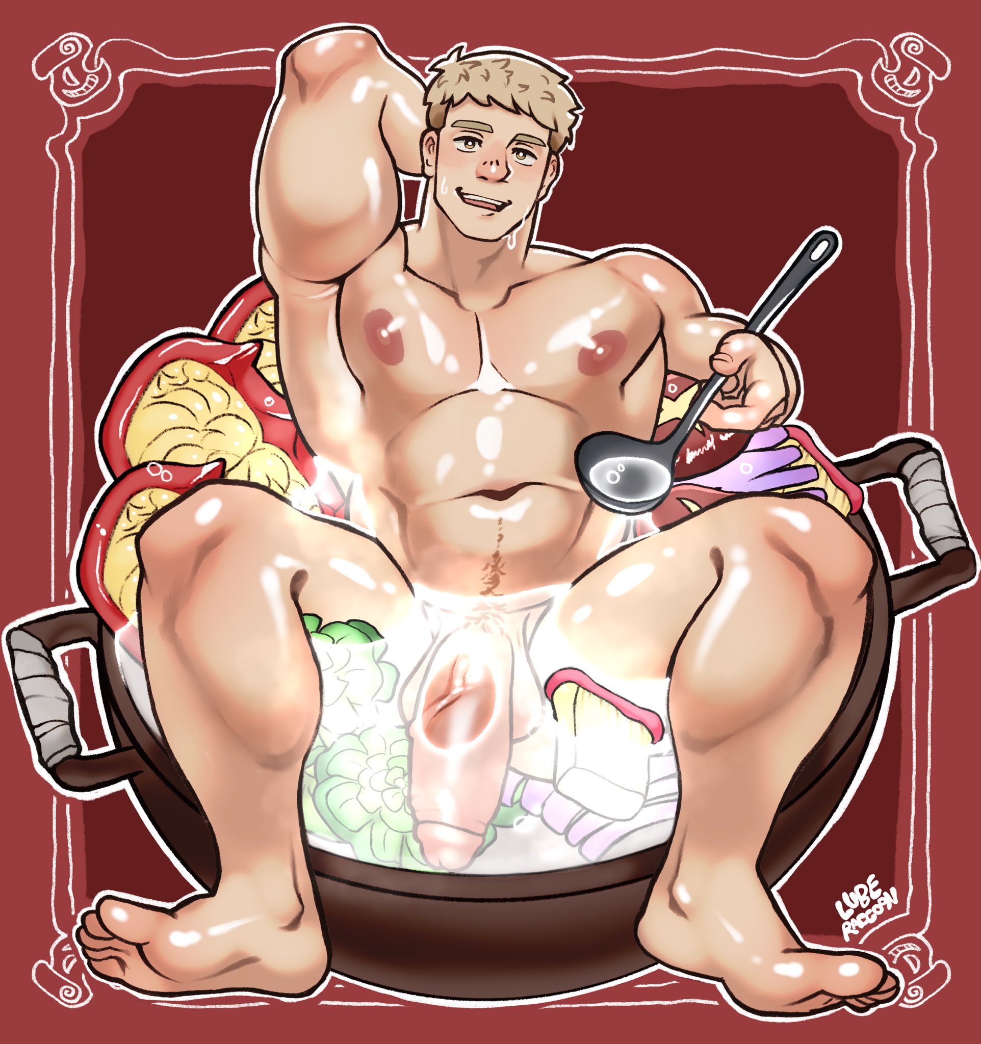 1boy, abs, armpits, arms behind head, balls, bara, biceps, big balls, big calves, big pecs, big penis, blonde hair, blonde pubic hair, calves, dungeon meshi, flaccid, flaccid penis, food, food play, hand behind head, hands behind head, happy trail, human, human only, laios touden, legs apart, light skin, light-skinned male, looking at viewer, lube raccoon, male, male nipples, male only, musclegut, muscles, muscular, muscular calves, muscular male, naked, nipples, nude, nude male, one arm up, one eye closed, open mouth, pecs, penis, pubic hair, sauna, sauna bench, solo, solo focus, solo male, soup, spoon, sweaty, thick penis, thick thighs, veiny penis, wet, yaoi, yellow eyes
