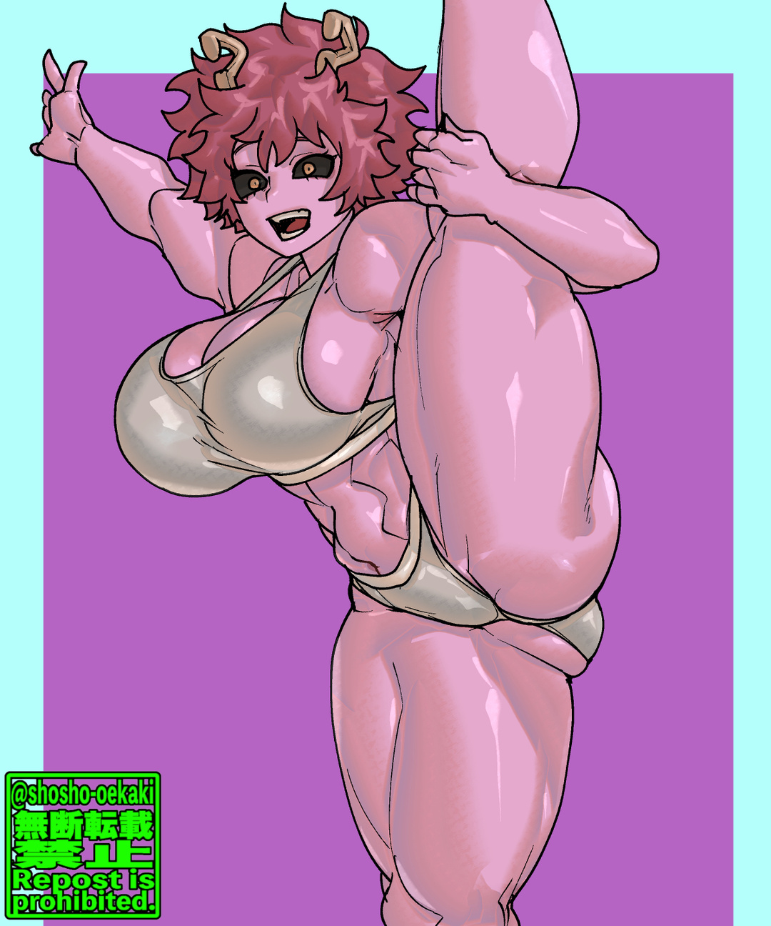 1girls, ashido mina, athletic female, black sclera, breasts, confident smile, exercise, female, female only, horns, huge breasts, large breasts, lifting leg, mina ashido, muscular, muscular female, my hero academia, pink body, pink hair, pink skin, pink-haired female, posing, redraw, shosho oekaki, shueisha, simple background, splits, stretching, teenager, thick thighs, underwear, unusual eyes