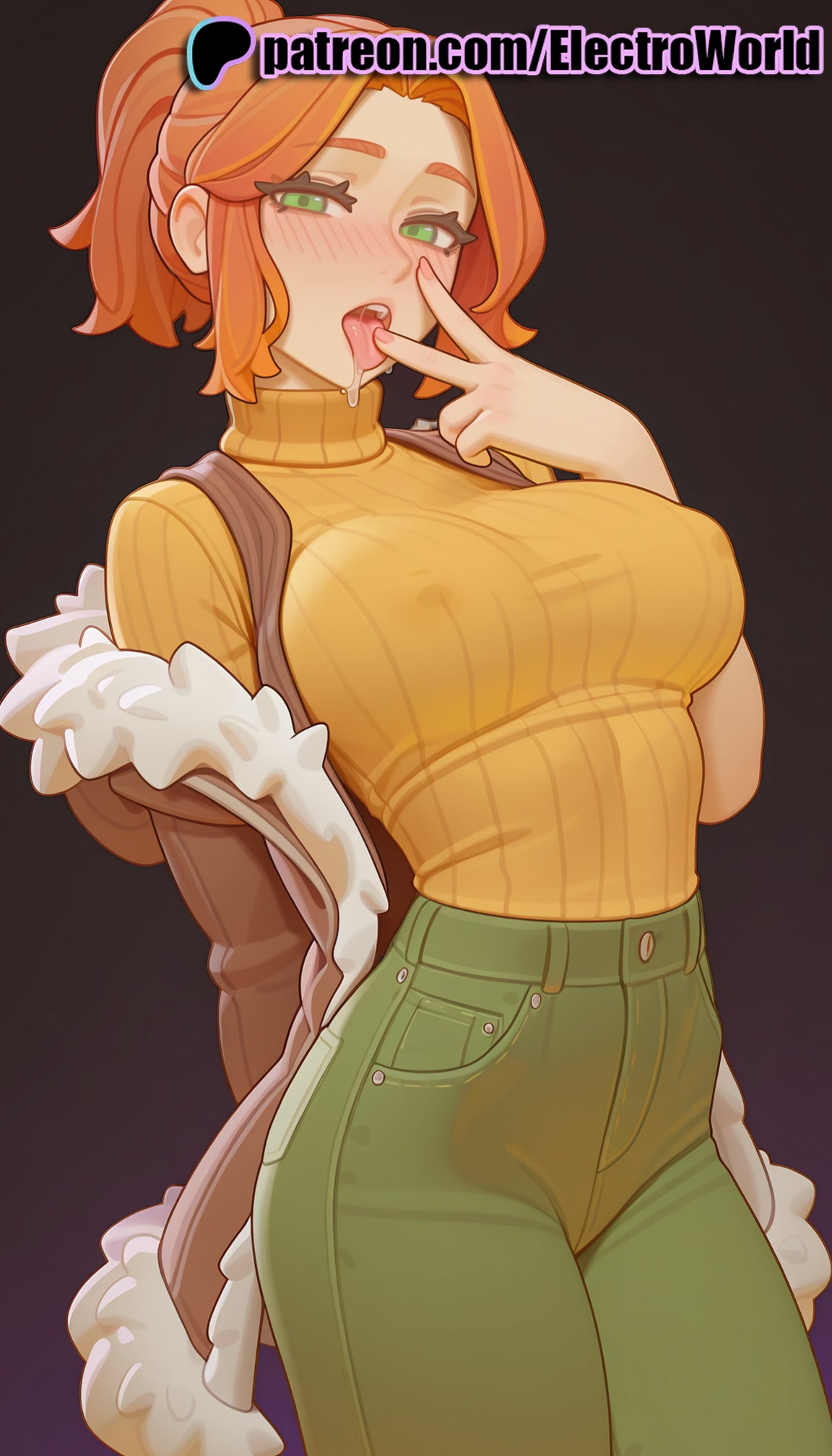 1girls, 2025, ai generated, artist name, blush, breasts, bust, chest, electroworld, female, green eyes, hi res, high quality, high resolution, highres, orange hair, pants, patreon, patreon username, ribbed sweater, robin (stardew valley), solo, stable diffusion, stardew valley, sweater, tongue, tongue out, turtleneck, v, watermark