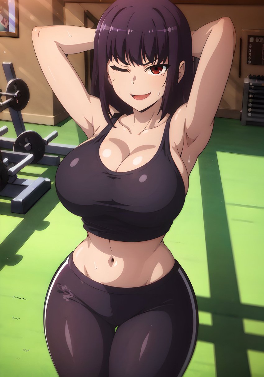 1girls, ai generated, armpits, arms behind head, ass, big ass, big breasts, breasts, cleavage, clothed, clothing, female, gym, gym clothes, gym uniform, hands behind head, large breasts, looking at viewer, please don't bully me, nagatoro, president (nagatoro), sana sunomiya, smile, solo, solo female, sports bra, subaruarm, tagme, winking, winking at viewer, yoga pants