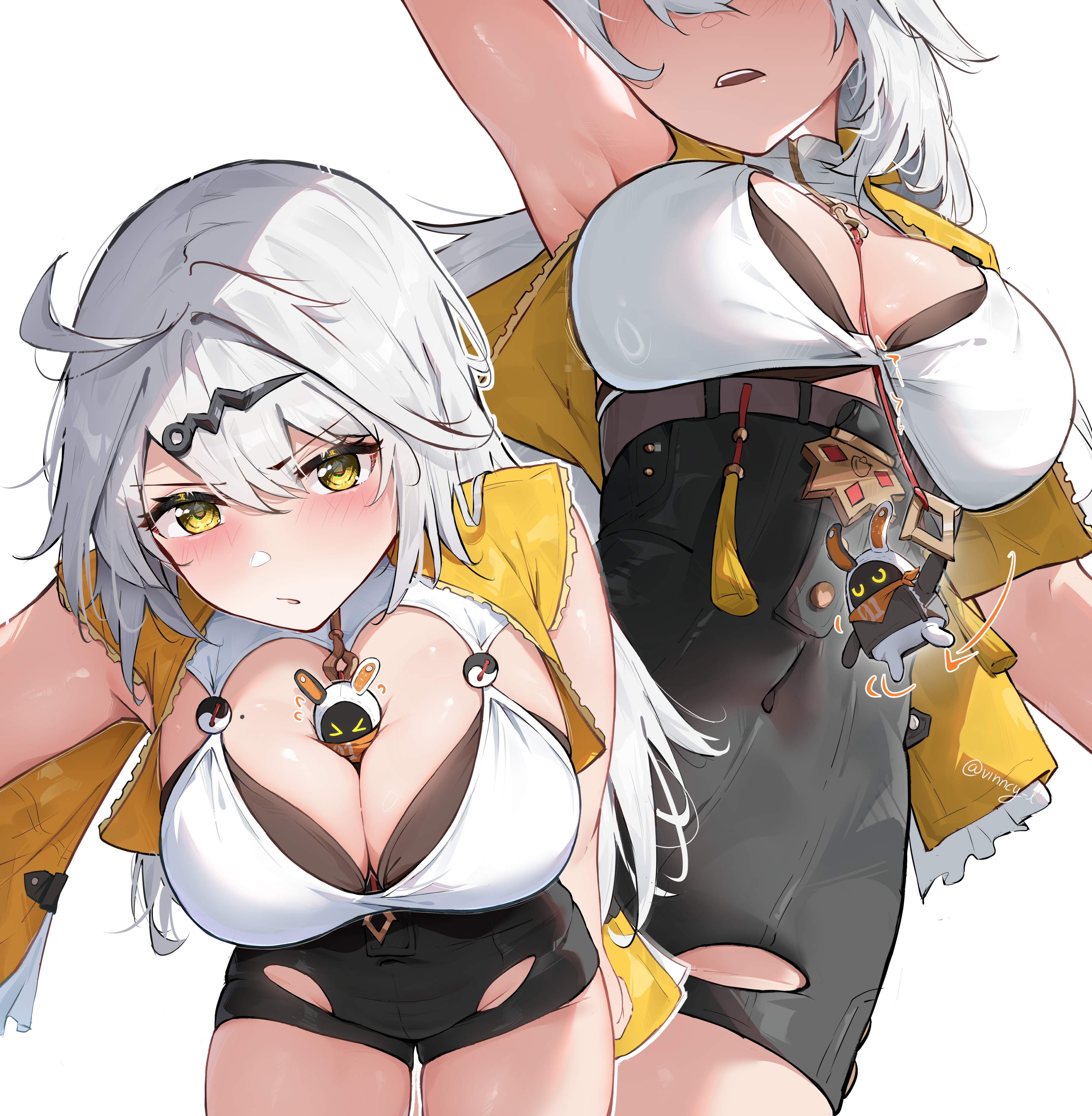 1girls, absurdres, armpits, bangboo (zenless zone zero), between breasts, black shorts, blush, breasts, commentary, eous (zenless zone zero), female, female only, from below, hair ornament, hairclip, high-waist shorts, highres, jacket, large breasts, leaning forward, looking at viewer, mole, mole on breast, multiple views, outline, parted lips, reaching, reaching towards viewer, shorts, vincent leo, white hair, white outline, yellow eyes, yellow jacket, yin yang pin, yixuan (zenless zone zero), yunkui summit, zenless zone zero