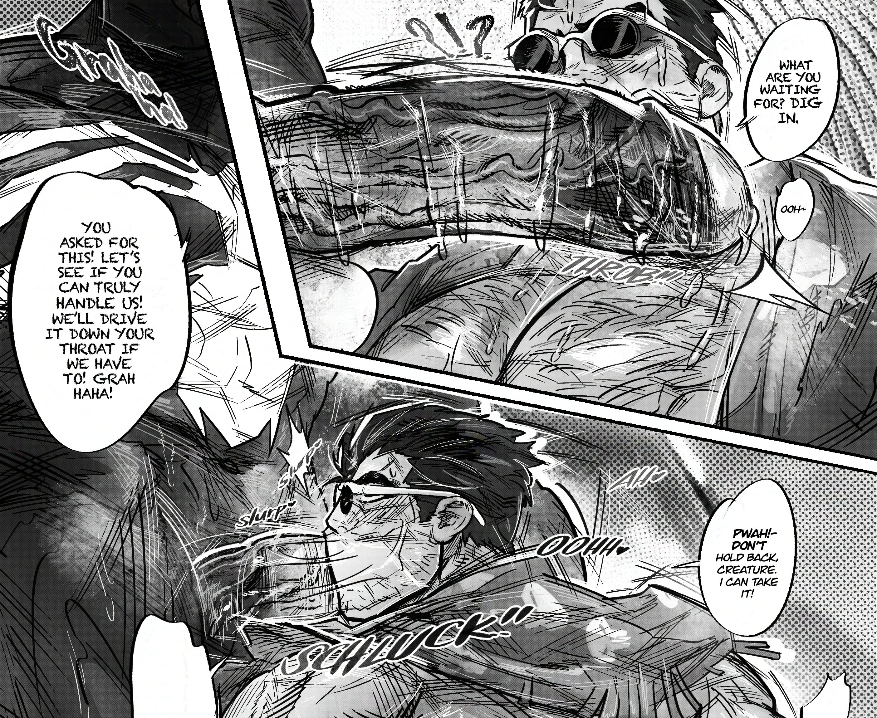 2boys, abs, all the way to the base, bara, barayot, black body, black hair, blowjob, blush, blushing, chest hair, deepthroat, dialogue, english text, erection, fellatio, greyscale, light skin, light-skinned male, male, male only, maledom, malesub, marvel, marvel comics, marvel rivals, muscular, muscular male, oral, pecs, penis, penis bigger than head, punisher (aqua arsenal), punisher (francis castle), punisher (marvel comics), punisher (marvel rivals), spider-man (series), sunglasses, symbiote, text bubble, veins, veiny penis, venom (marvel rivals), venom (marvel), video games, white markings, yaoi