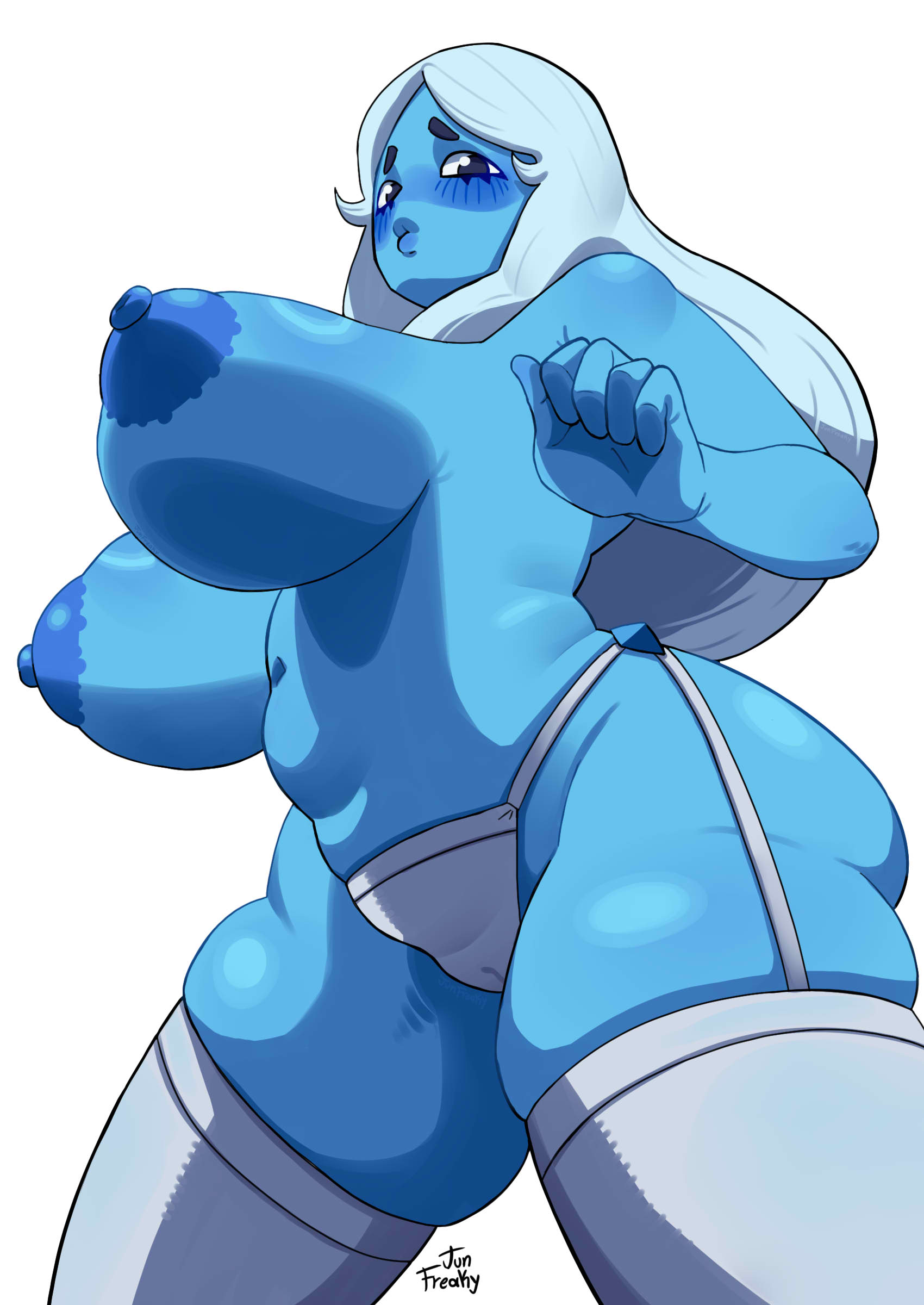 1girls, areolae, big breasts, blue areola, blue body, blue diamond (steven universe), blue eyes, blue nipples, blue skin, blush, bottomwear, breasts, breasts out, cameltoe, exposed breasts, female, female only, garter straps, hair, huge breasts, junfreaky, legwear, lips, long hair, looking down, mature, mature female, mature woman, nipples, panties, parted lips, pussy, solo, solo female, steven universe, thick thighs, thighhighs, thighs, topless, white hair, white panties, white thighhighs