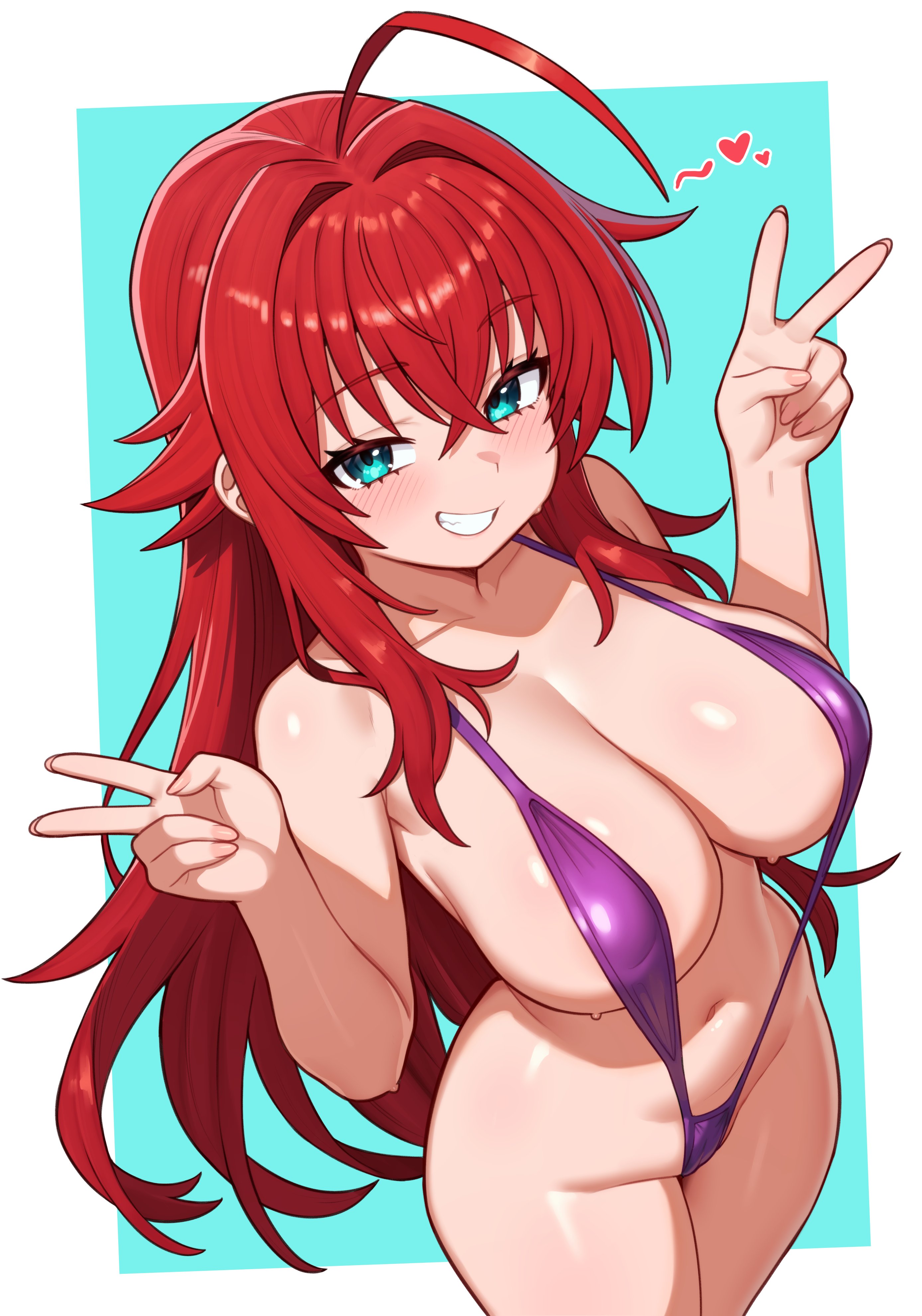 1girls, big breasts, blue eyes, blush, breasts, cleavage, double peace sign, female, female only, hair, heart, high school dxd, hips, huge breasts, long hair, moursho, nails, peace sign, purple sling bikini, red hair, rias gremory, skimpy, skimpy bikini, sling bikini, smile, solo, solo female, swimwear, teenage girl, thighs