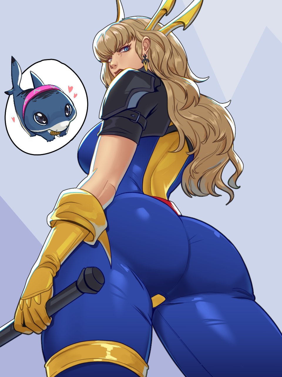 1boy, 1girls, 2d, 2d (artwork), angry, armor, ass, ass focus, big ass, big breasts, blonde hair, blue eyes, booty, breasts, butt focus, clothed, clothed ass, clothed female, collar, earrings, female, fins, fish tail, fully clothed, gloves, heart, highres, holding, holding weapon, jeff the land shark, jewelry, light skin, light-skinned female, long hair, looking at another, looking back, looking down, magik (illyana rasputin), magik (marvel rivals), magik (retro x-uniform), male, marvel, marvel comics, marvel rivals, questionable, russian, russian female, shark, shark fin, shark tail, shoulder armor, simple background, skullworms, slavic, solo, solo female, superhero costume, superheroine, sword earrings, tail, wavy hair, weapon, x-men, yellow gloves