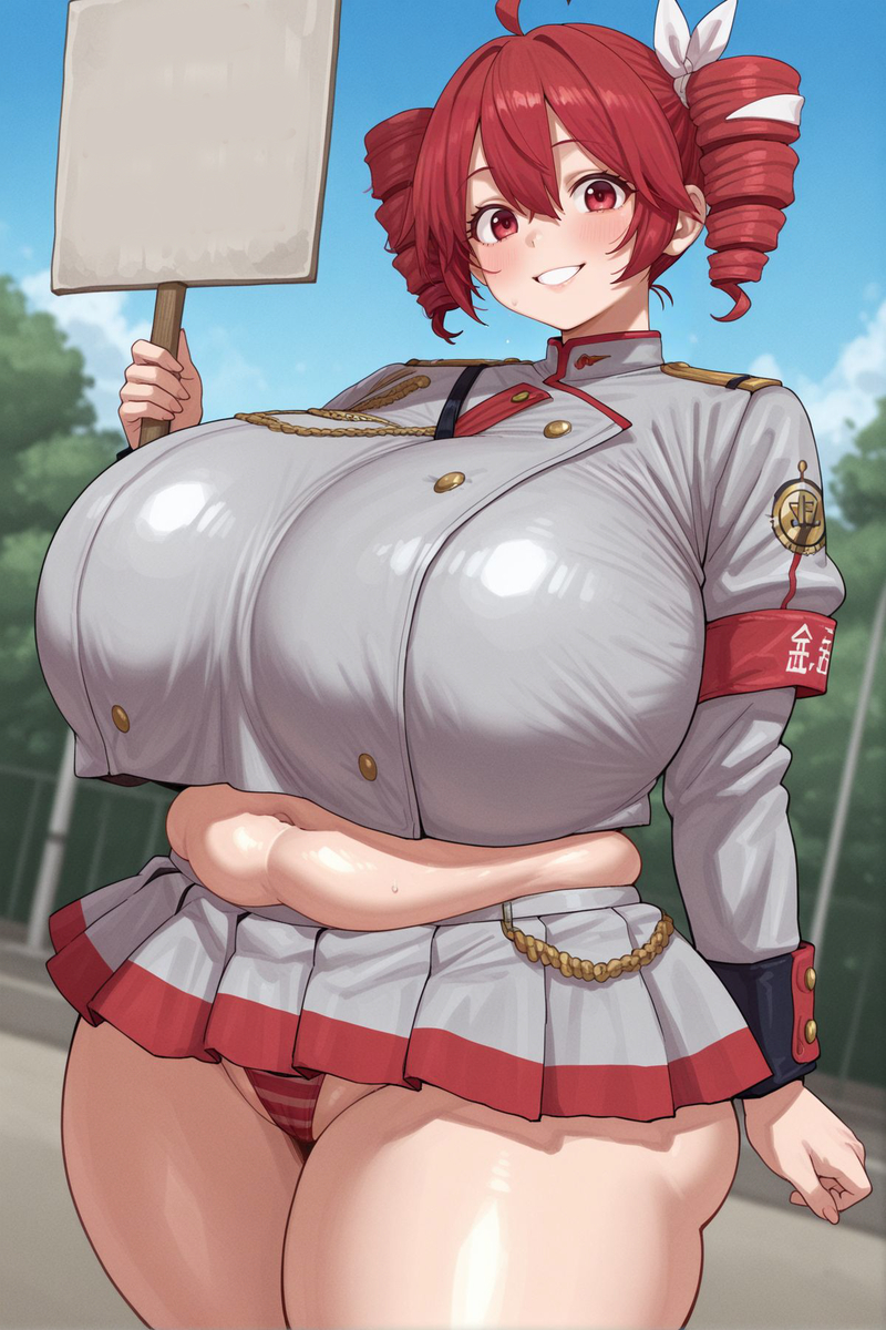 1girls, ahoge, ai generated, ass, ass visible from the front, belly, belly overhang, big ass, big breasts, blush, breasts, cameltoe, clothing, crop top, cropped jacket, curvaceous, curvy, curvy female, curvy figure, enormous breasts, fat, fat ass, fat breasts, fat female, fat pussy, fat thighs, female, female only, gigantic breasts, hair ornament, hairbow, huge ass, huge breasts, huge thighs, hyper, hyper breasts, ineffective skirt, kasane teto, kasane teto (sv), large ass, large breasts, massive breasts, microskirt, miniskirt, navel, panties, plump, plump labia, plump pussy, plump thighs, pussy, red eyes, red hair, skirt, smile, solo, solo female, striped panties, synthesizer v, thick thighs, thighs, twin drills, venus body, voluptuous, voluptuous female, wide hips