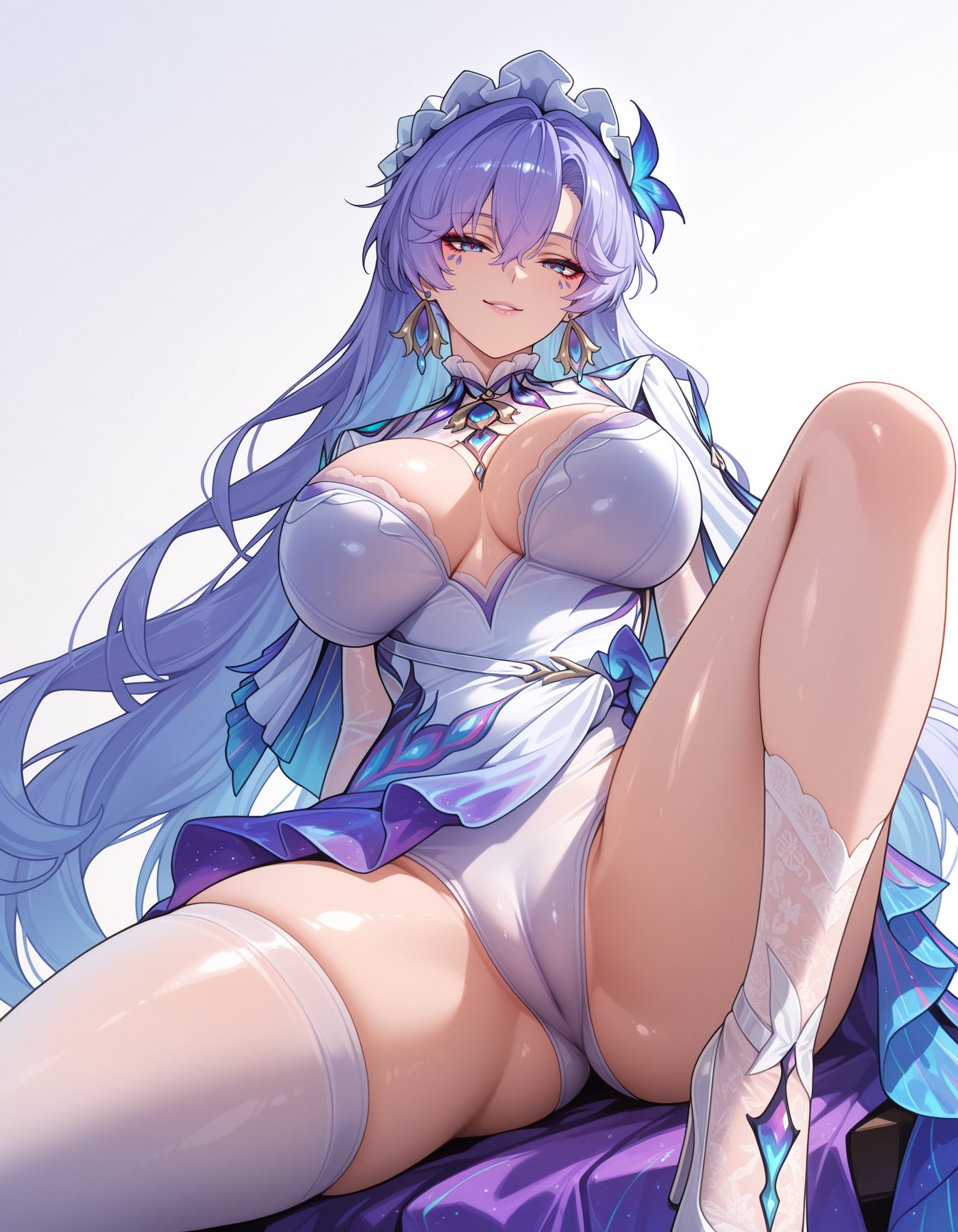 ai generated, bangs, blue eyes, blue hair, breasts, cameltoe, cantarella (wuthering waves), cleavage, crotch, dress, earrings, elbow gloves, female, gloves, hair between eyes, hair ornament, high heels, jewelry, knee up, kuroyaex, large breasts, leotard, long hair, looking at viewer, maid headdress, parted lips, purple hair, shiny, shiny skin, simple background, single thighhigh, sitting, smile, solo, spread legs, thighhighs, thighs, very long hair, white background, white dress, white gloves, white leotard, white thighhighs, wuthering waves