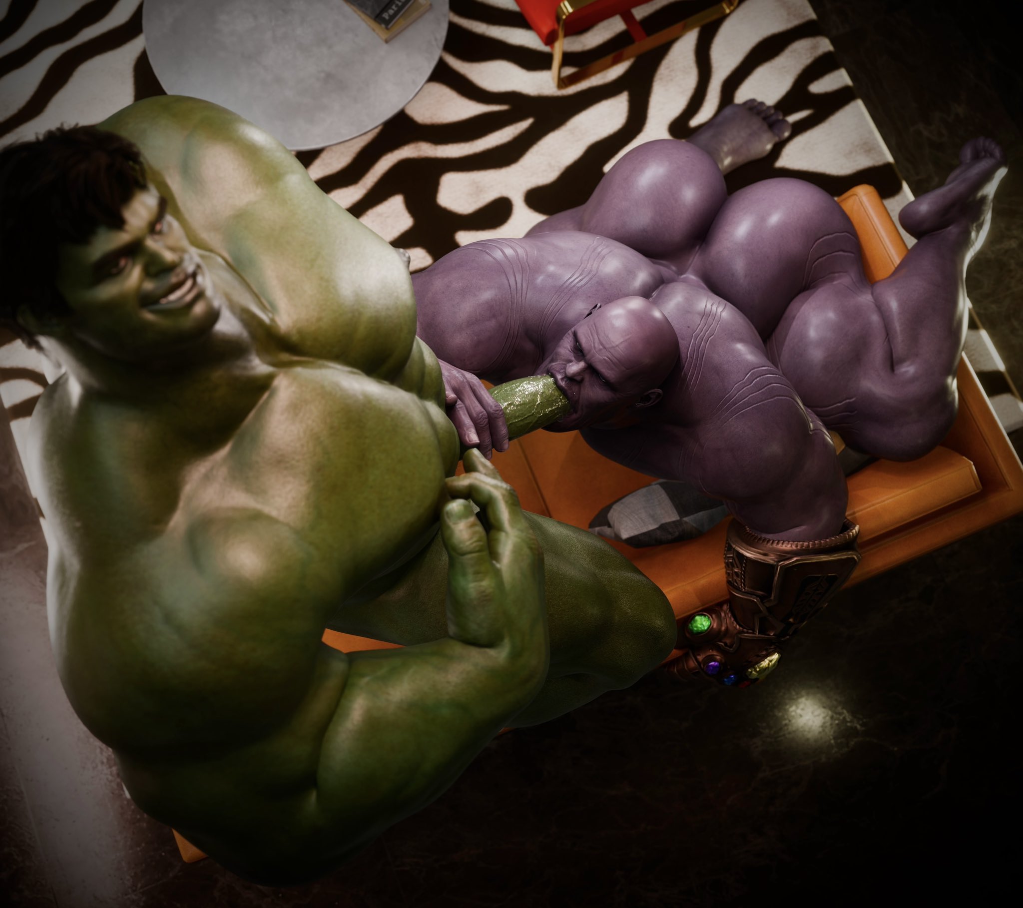 blowjob, dace renders, fellatio, gay, gay blowjob, gay sex, green skin, green skinned male, green-skinned male, hero on villain, hulk, hulk (series), justice wins, looking at viewer, male, male focus, male only, male/male, marvel, marvel cinematic universe, marvel comics, masculine, masculine bottom, masculine male, masculine man, muscles, muscular, muscular male, naked, naked male, nude, nude male, oral, oral sex, purple skin, purple skinned male, purple-skinned male, smiling at viewer, thanos, yaoi