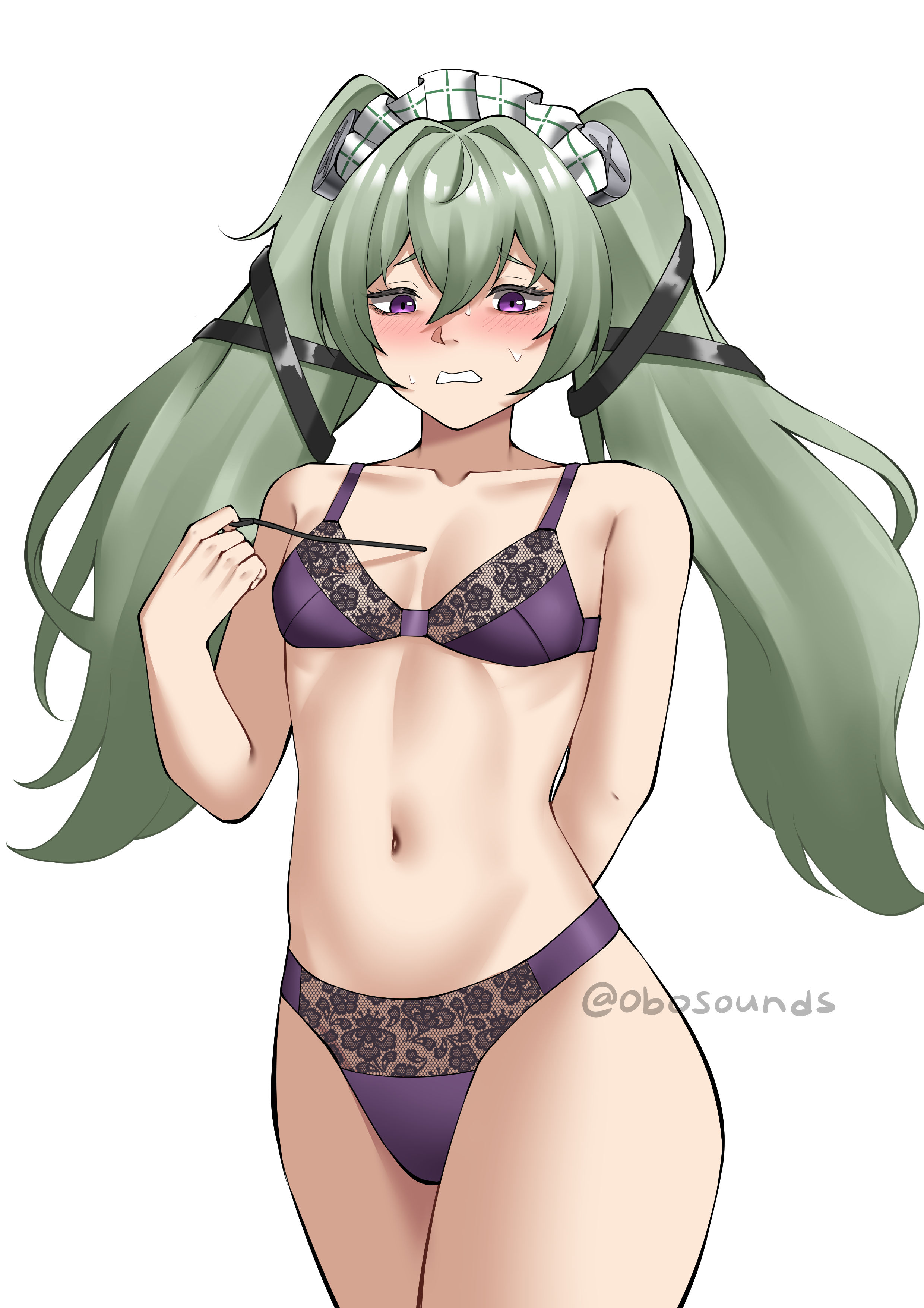 1girls, absurdres, bare shoulders, blush, bra, clothing, collarbone, corin wickes, female, female only, green hair, highres, legs together, long hair, looking at viewer, maid headdress, matching underwear, navel, obosounds, panties, purple bra, purple eyes, purple panties, simple background, solo, standing, stomach, sweat, thighs, twintails, underwear, underwear only, very long hair, white background, zenless zone zero