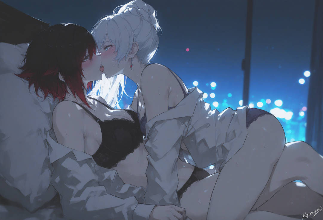 ai, ai generated, ai-created, blush, female, female only, kissing, kizirugai, lingerie, ruby rose, rwby, weiss schnee, yuri