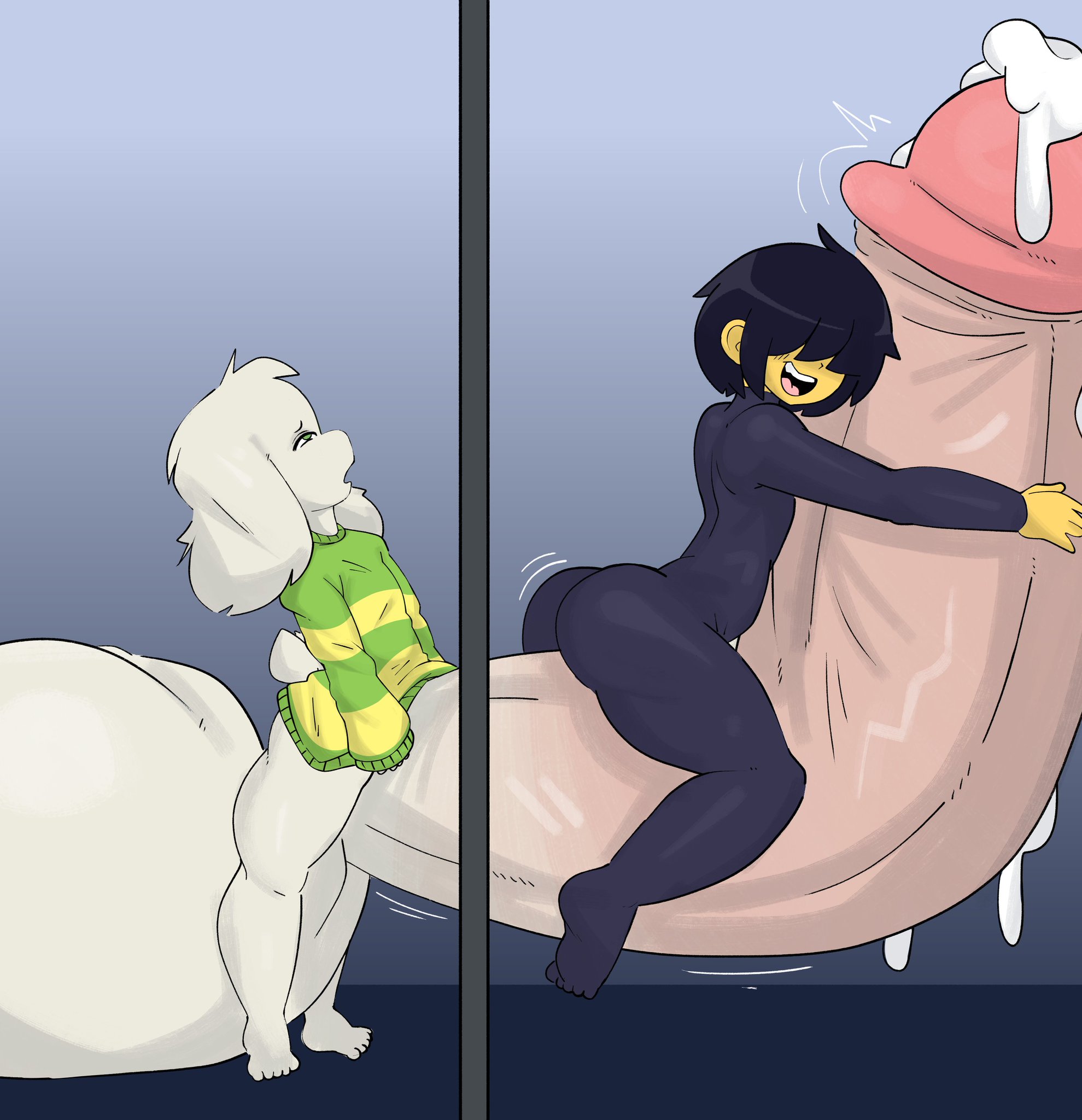 asriel dreemurr, balls, bottomless, cum, deltarune, glory hole, goat, hugging penis, human, hyper, hyper balls, hyper genitalia, hyper penis, incest, kris (deltarune), leaking cum, male, male only, male/male, moaning, penis, razbunny, riding, riding penis, shirt, small but hung, smile, spandex, spandex suit, standing, stuck in wall, undertale (series)