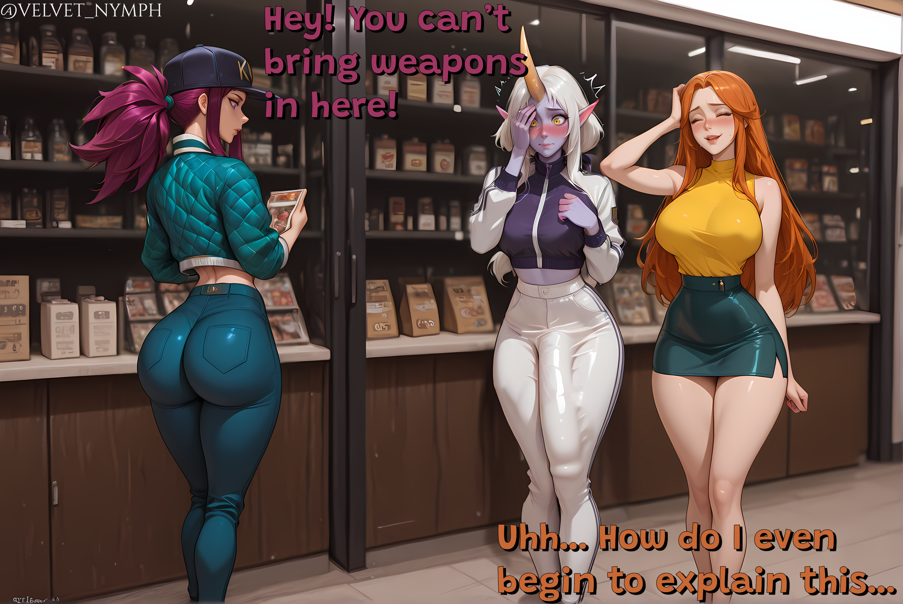 1futa, 2girls, ai generated, akali, ass, big ass, big breasts, big butt, big penis, breasts, bulge, bulge under clothes, clothed, comic, dialogue, english, english text, female, futanari, intersex, large penis, league of legends, leona (league of legends), miniskirt, orange hair, penis, public, purple eyes, riot games, skirt, soraka, tease, teasing, text, tight clothing, velvet nymph, white hair, yellow eyes