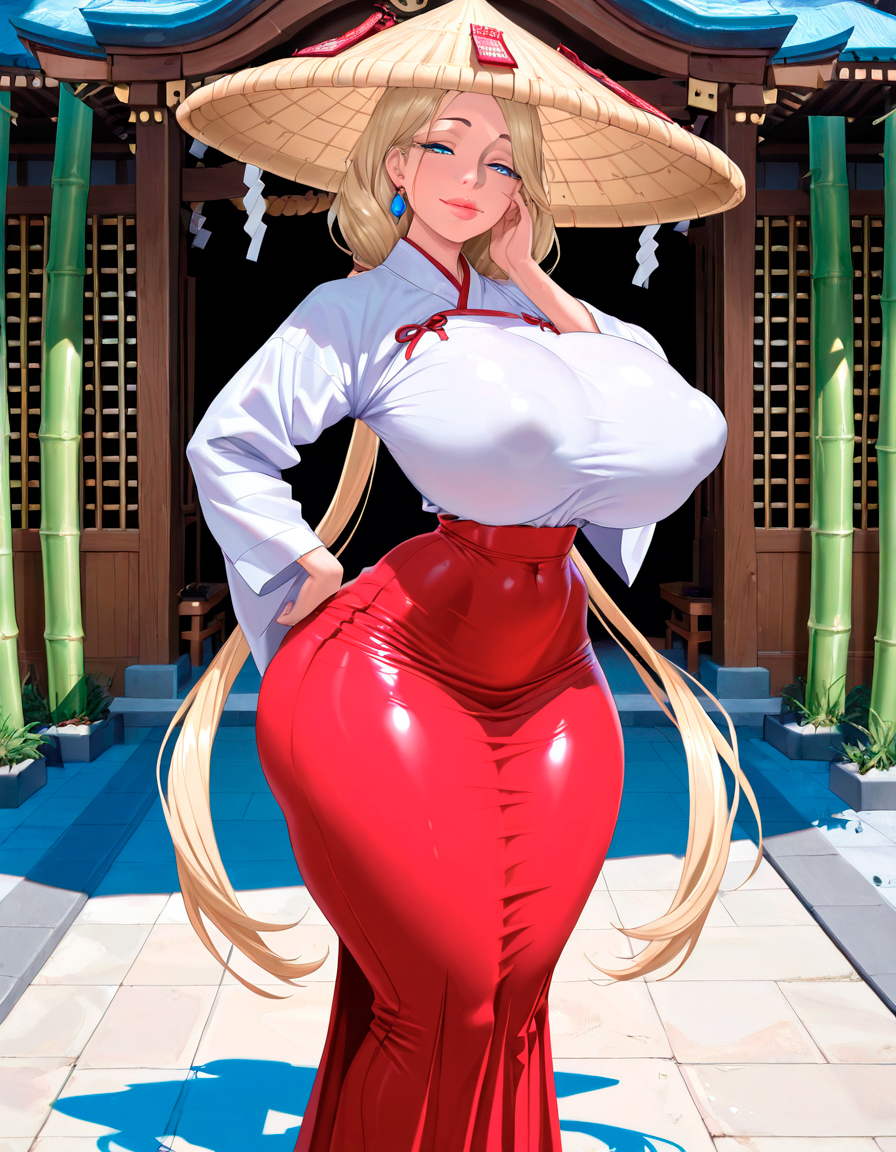 ai generated, ass, big breasts, blonde hair, blue eyes, breasts, breasts bigger than head, conical hat, curvy, curvy body, curvy female, curvy figure, curvy hips, female, female only, hand on face, hand on hip, huge breasts, japanese clothes, massive breasts, mature female, mayumi (starlightnex), milf, mommy, original, original character, playful, red skirt, shrine maiden, slim waist, sly, starlightnex, thick, thick ass, thick butt, thick hips, thick legs, thick lips, thick thighs, tight clothing, twintails, voluptuous, white clothing, wide hips